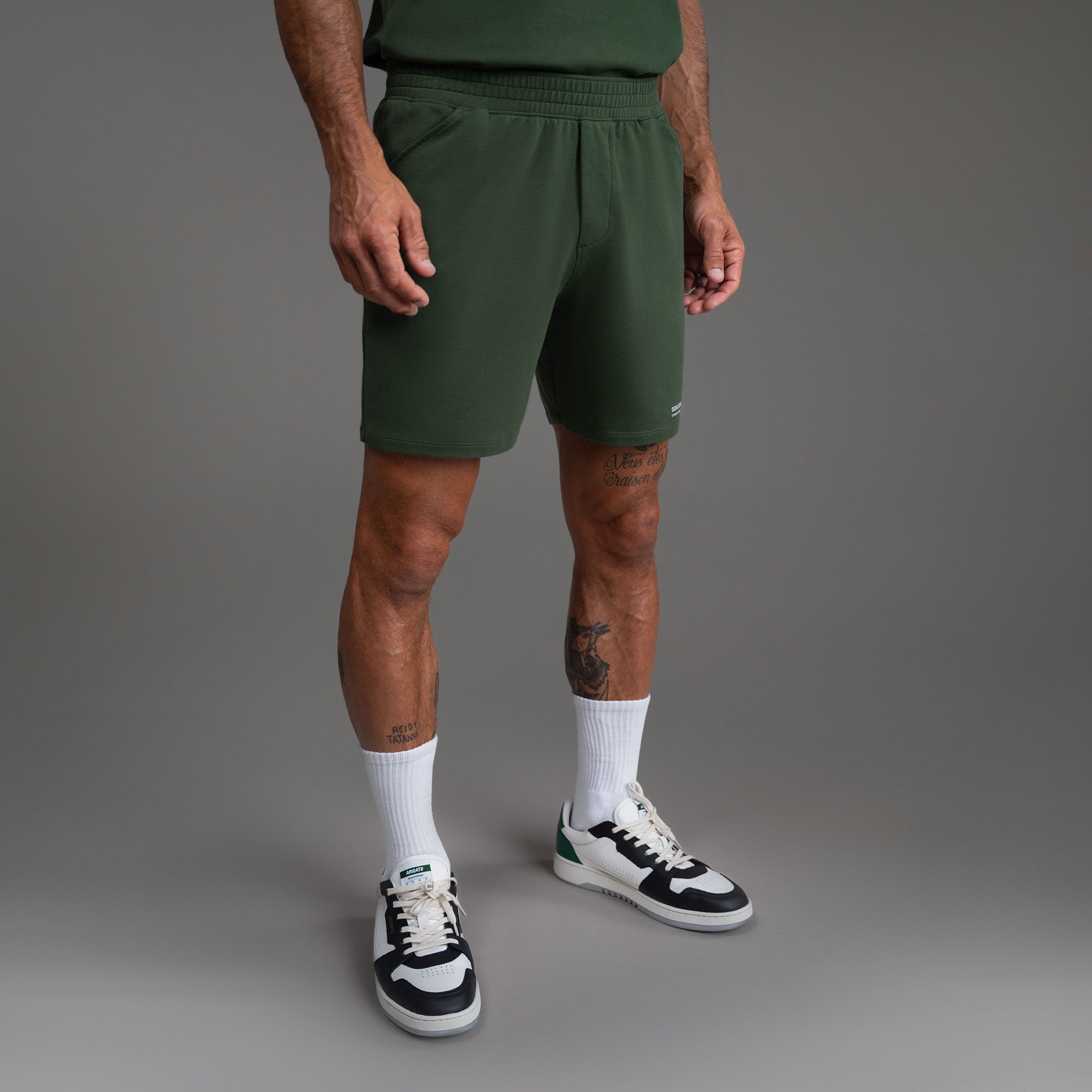 Custom bespoke shorts athleisure athletic build model Tyler in Moss