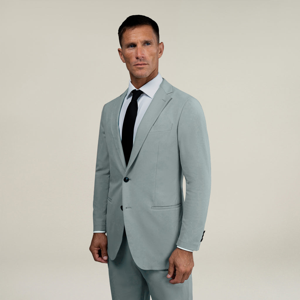 Tags:(6'0"|180 lbs) Bespoke custom athleisure technical men's suit los angeles model Tyler in Wind