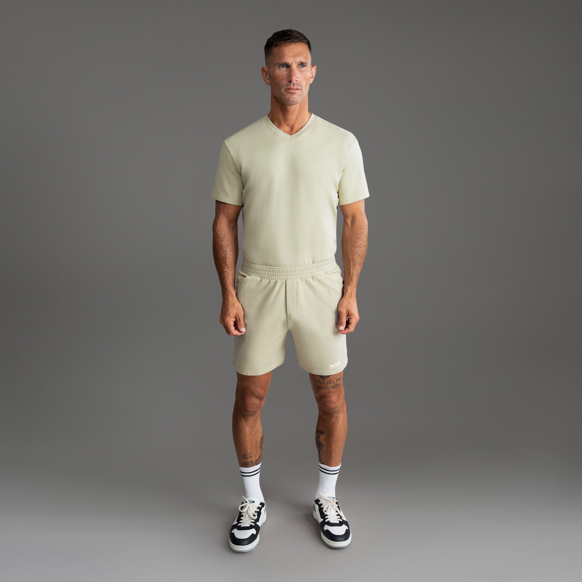 Custom bespoke shorts athleisure athletic build model Tyler in Mist