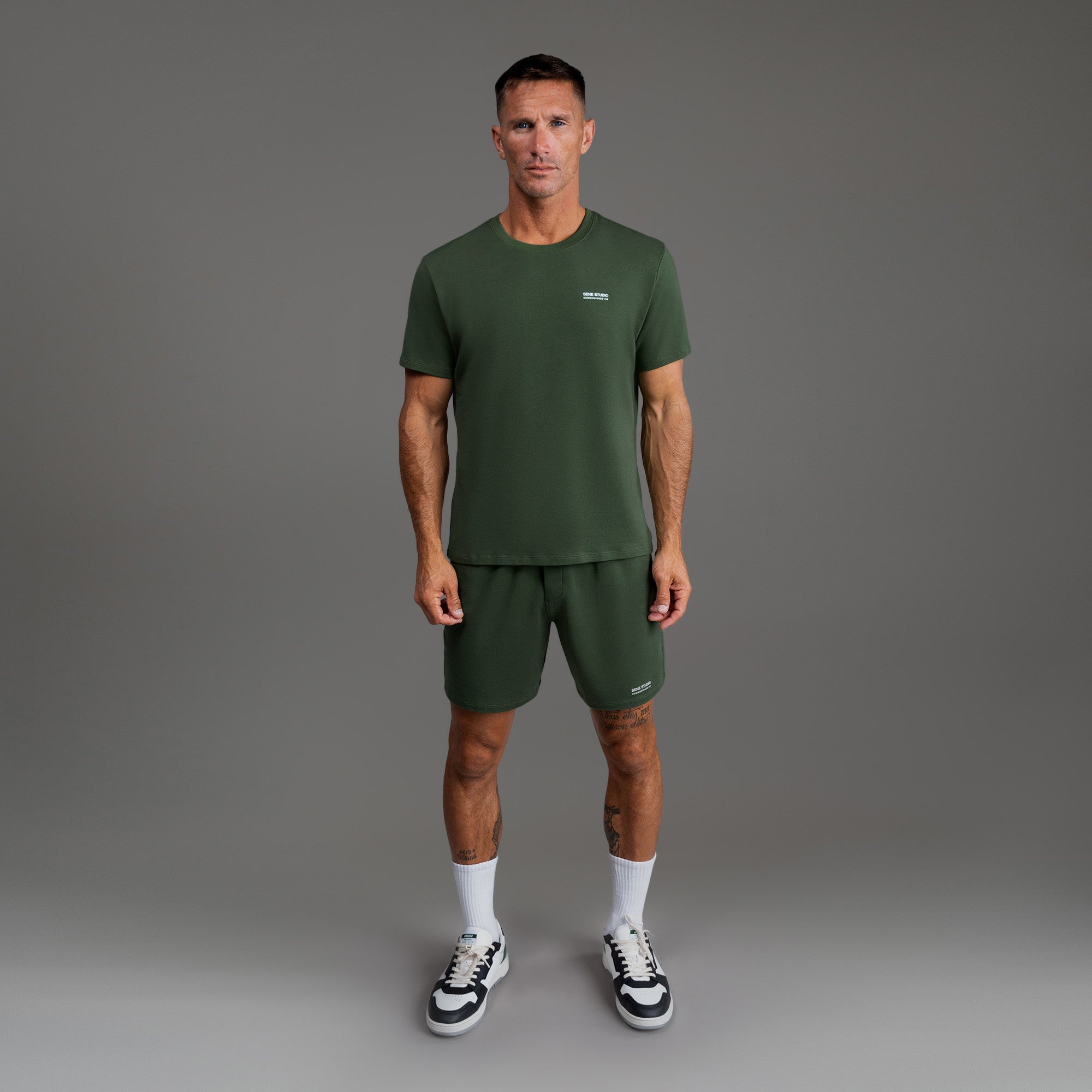 Tags:(6'0" - 180 lbs|Medium) custom t-shirt tee model Tyler in Moss