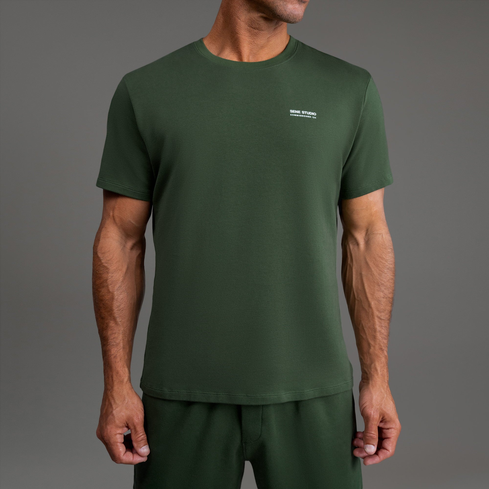 Tags:(6'0" - 180 lbs|Medium) custom t-shirt tee model Tyler in Moss