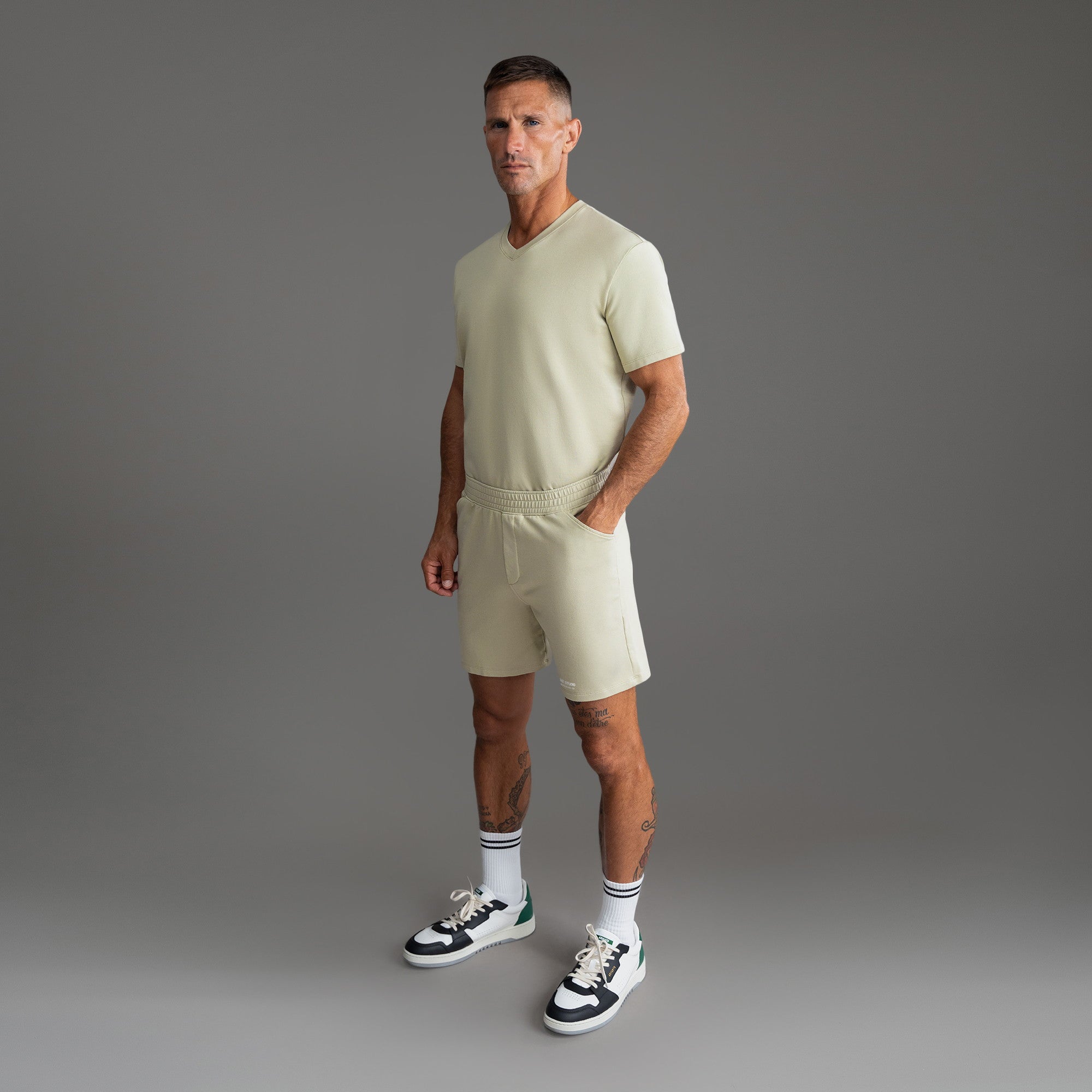 Custom bespoke shorts athleisure athletic build model Tyler in Mist