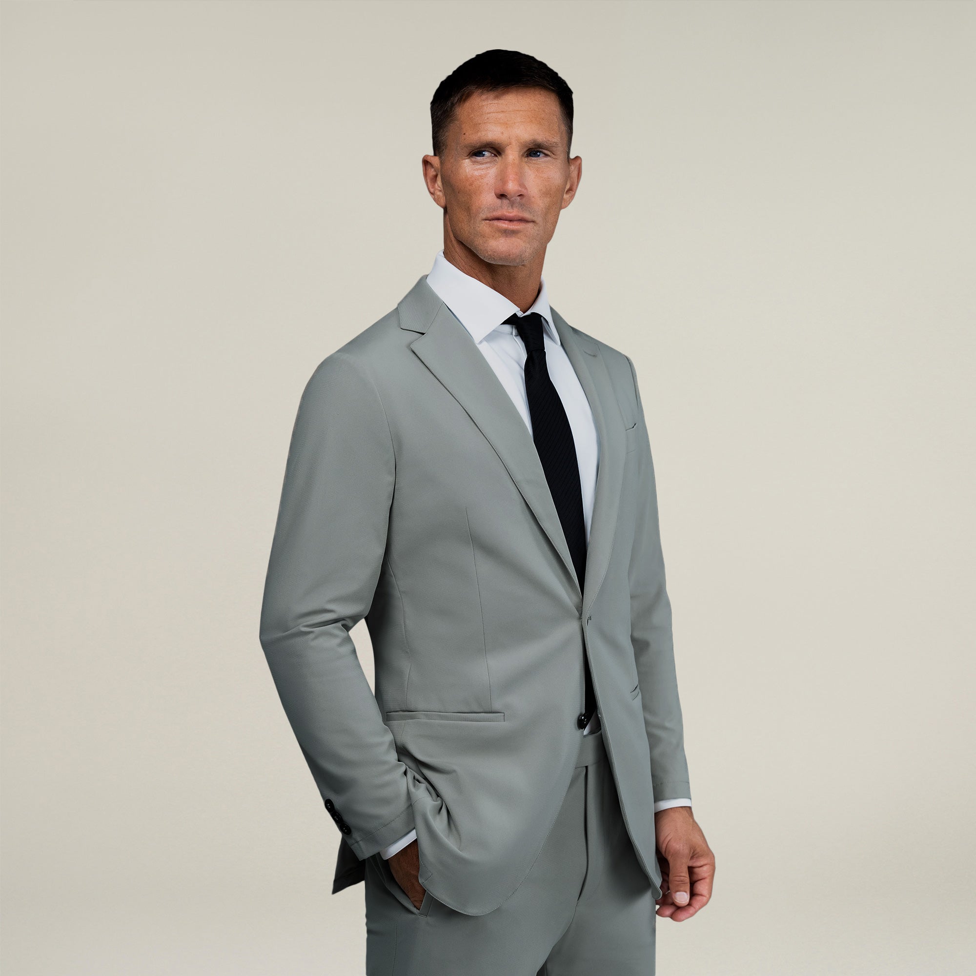 Tags:(6'0"|180 lbs) Bespoke custom athleisure technical men's suit los angeles model Tyler in Wind
