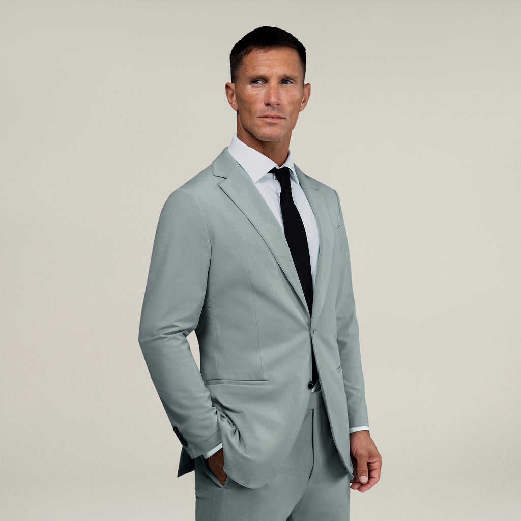 Tags:(6'0"|180 lbs) Bespoke custom athleisure technical men's suit los angeles model Tyler in Wind