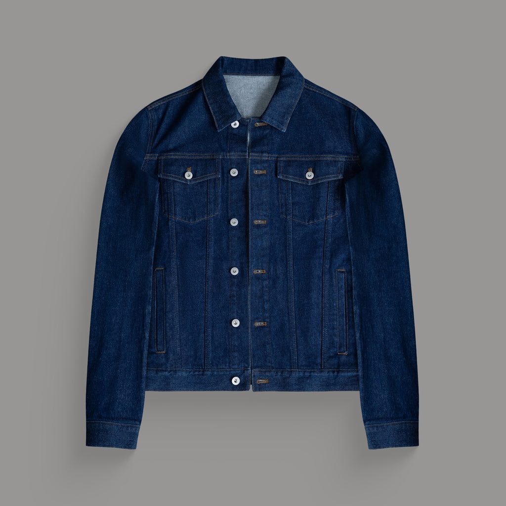 Tags:(6'0" - 180 lbs|Relaxed) men's custom denim jacket model Tyler in Deep Indigo