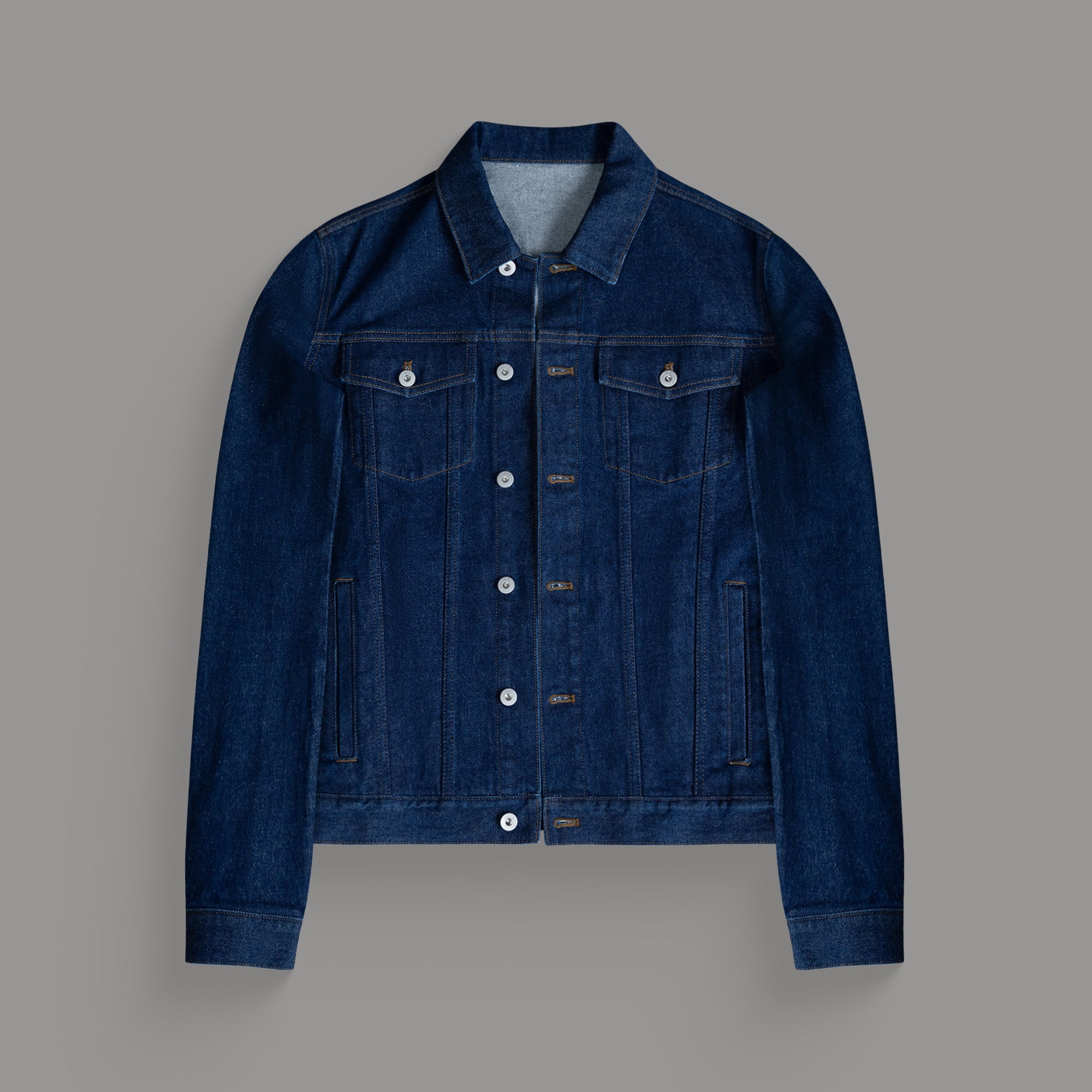 Tags:(6'0" - 180 lbs|Relaxed) men's custom denim jacket model Tyler in Deep Indigo