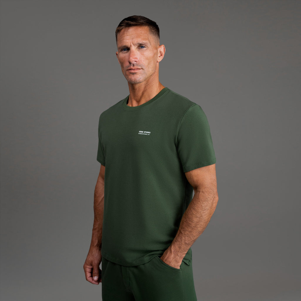 Tags:(6'0" - 180 lbs|Medium) custom t-shirt tee model Tyler in Moss