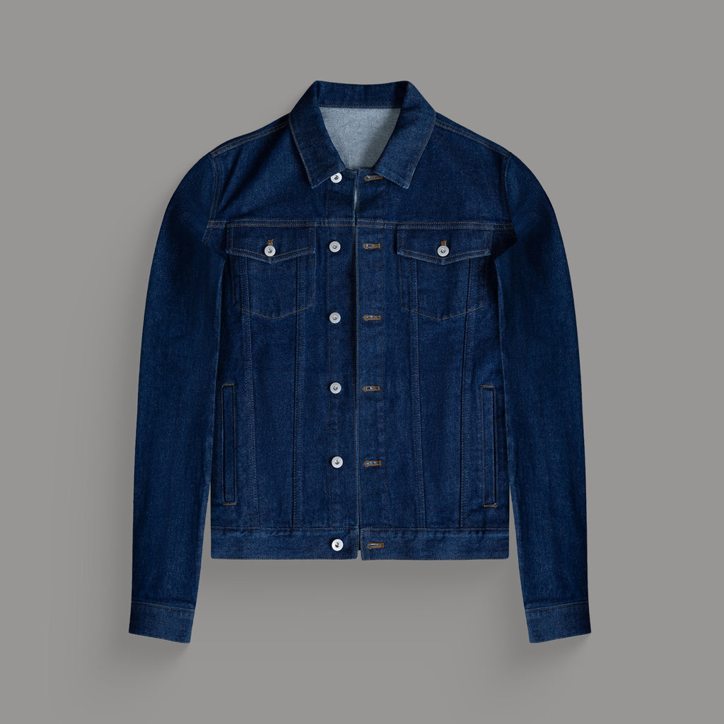 Tags:(6'0" - 180 lbs|Tailored) men's custom denim jacket model Tyler in Deep Indigo