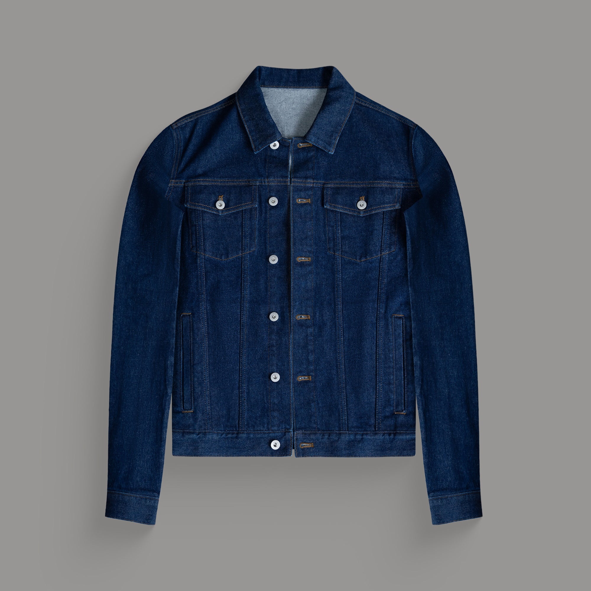 Tags:(6'0" - 180 lbs|Tailored) men's custom denim jacket model Tyler in Deep Indigo