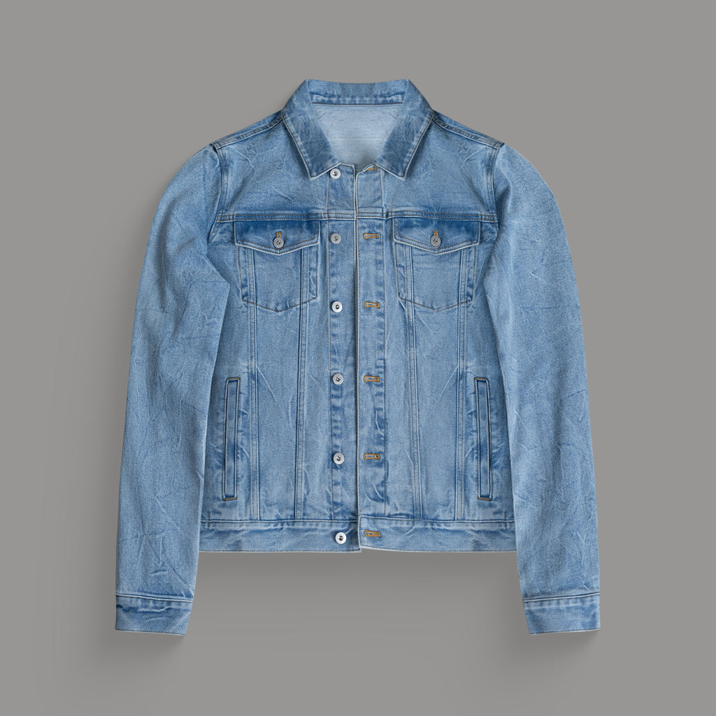 Tags:(6'0" - 180 lbs|Tailored) men's custom denim jacket model Tyler in Sandblast