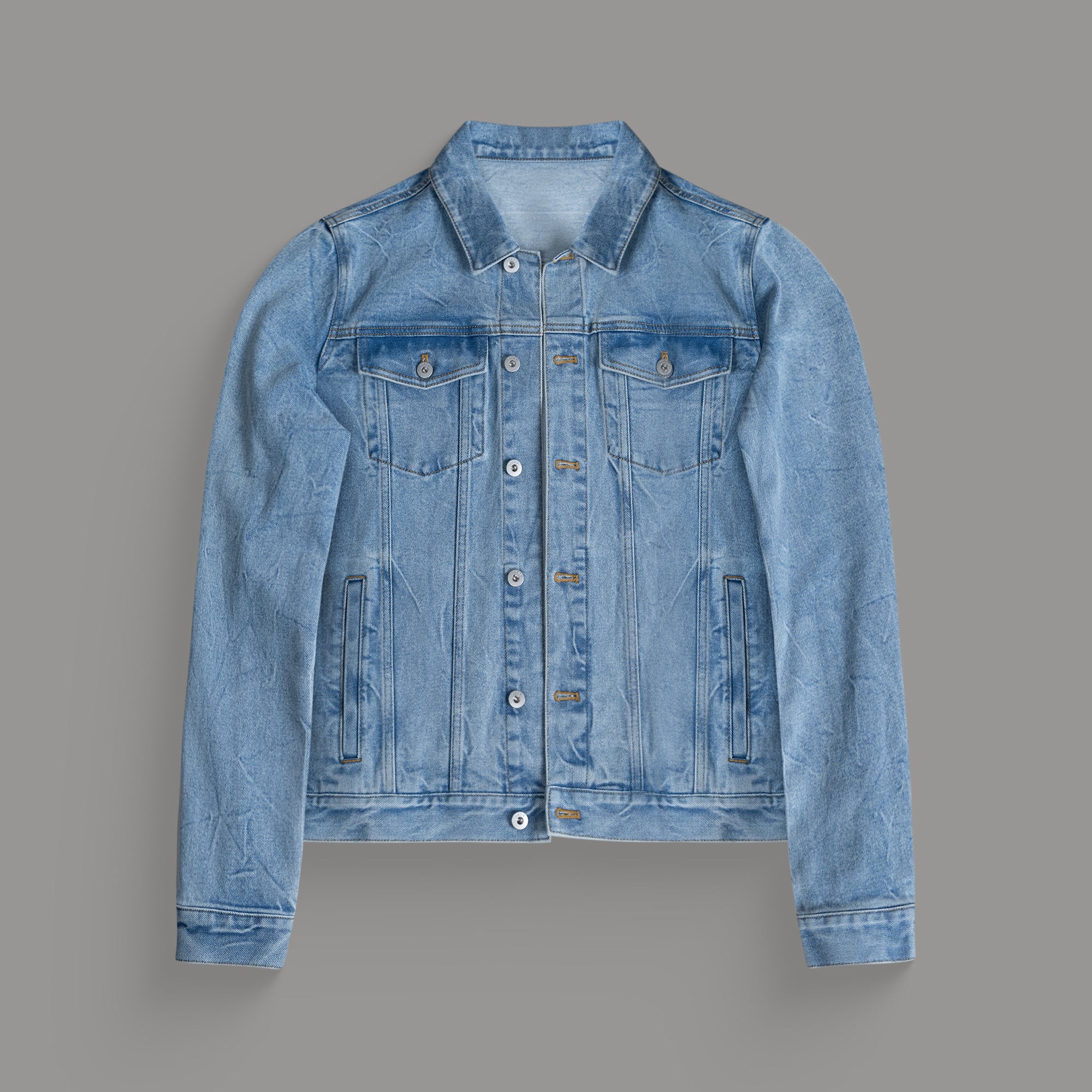 Tags:(6'0" - 180 lbs|Tailored) men's custom denim jacket model Tyler in Sandblast