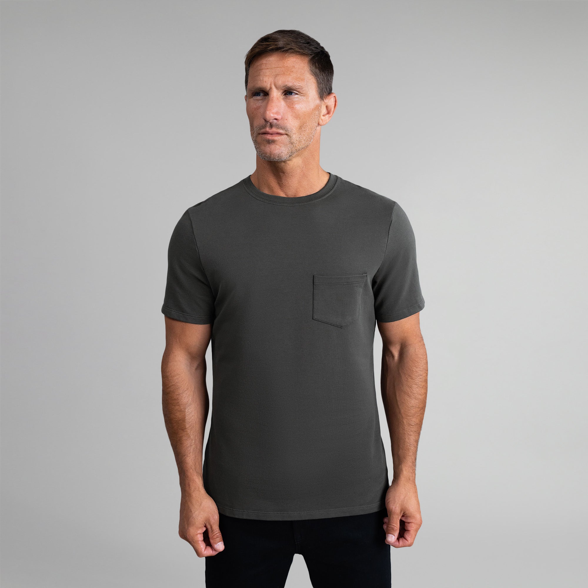 Tags:(6'0" - 180 lbs|Medium) custom t-shirt tee model Tyler in Smoke