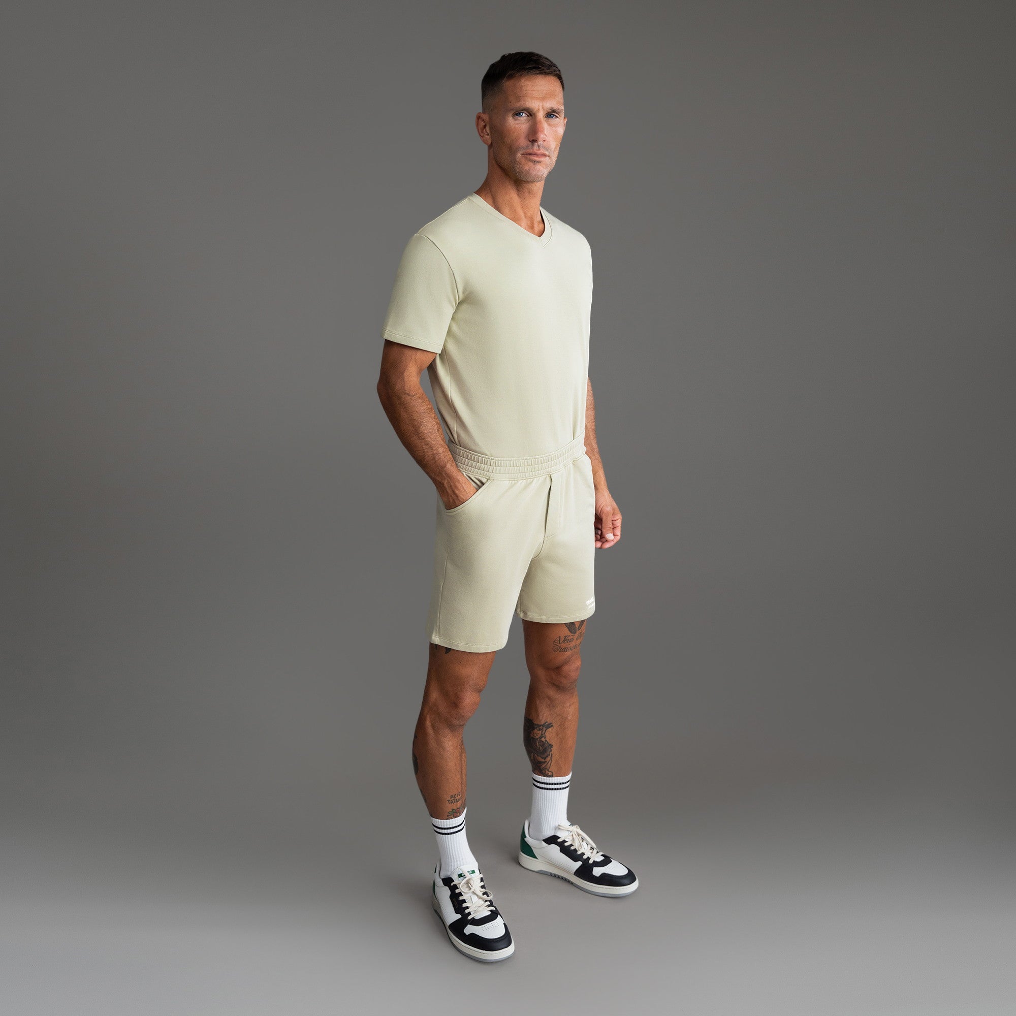 Custom bespoke shorts athleisure athletic build model Tyler in Mist