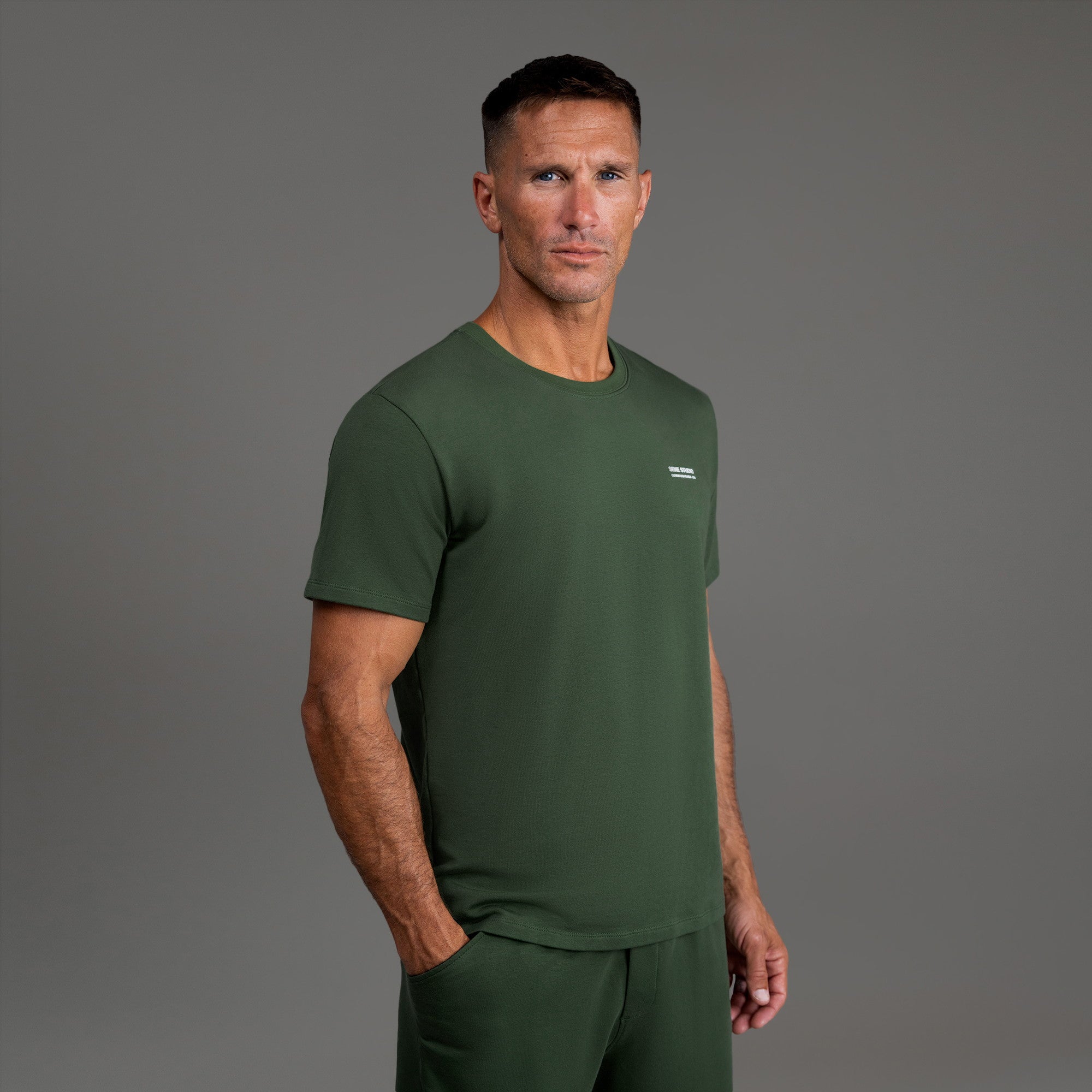 Tags:(6'0" - 180 lbs|Medium) custom t-shirt tee model Tyler in Moss