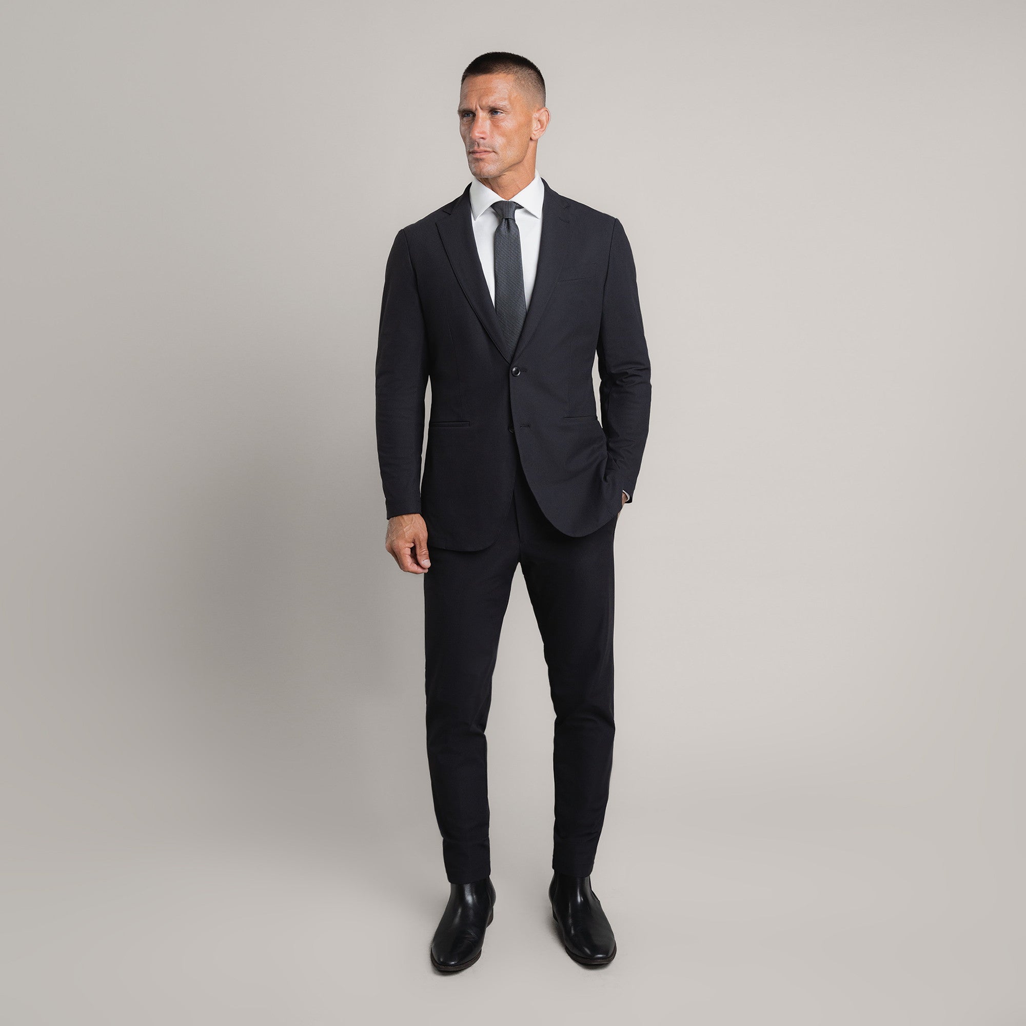Bespoke custom athleisure technical men's suit los angeles model Tyler in Black