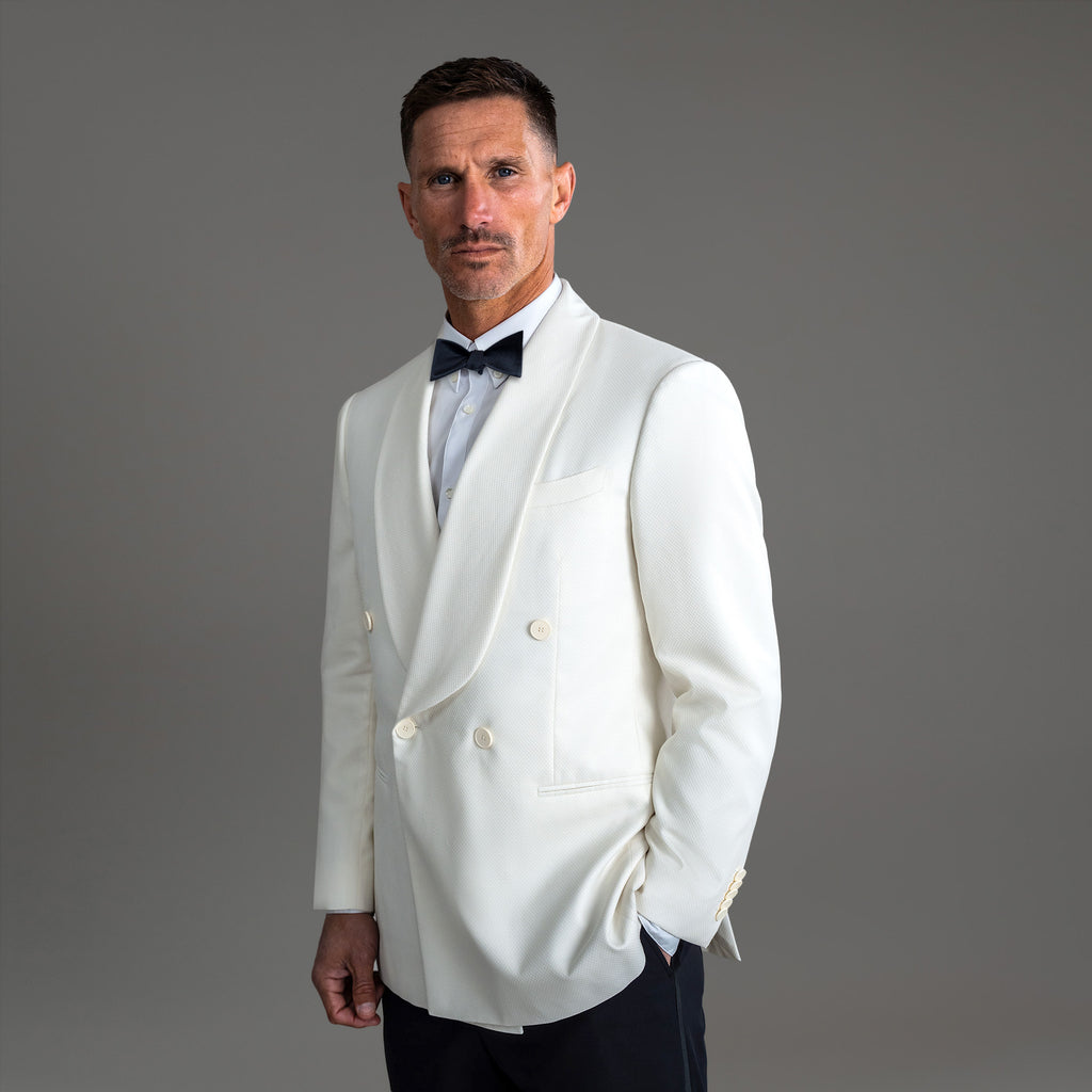 Tags:(6'0"|180 lbs) Bespoke custom Dinner Blazer los angeles model Tyler in Cream