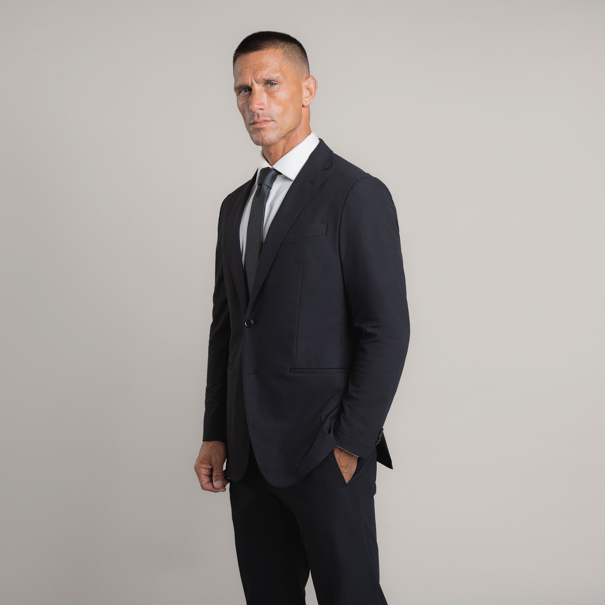 Bespoke custom athleisure technical men's suit los angeles model Tyler in Black