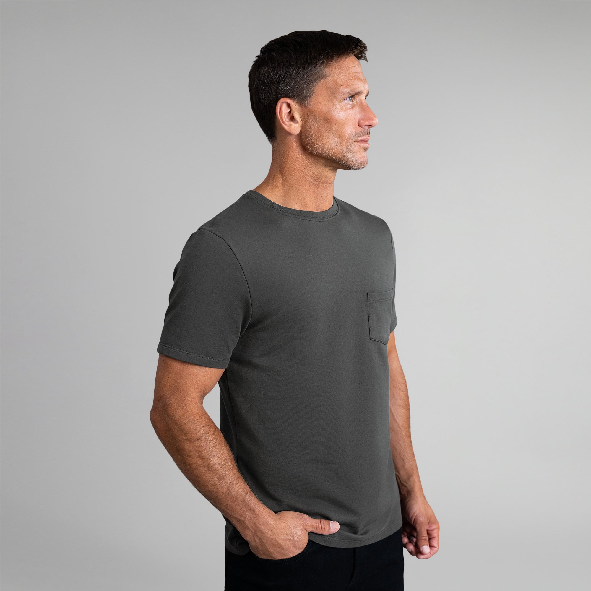 Tags:(6'0" - 180 lbs|Medium) custom t-shirt tee model Tyler in Smoke