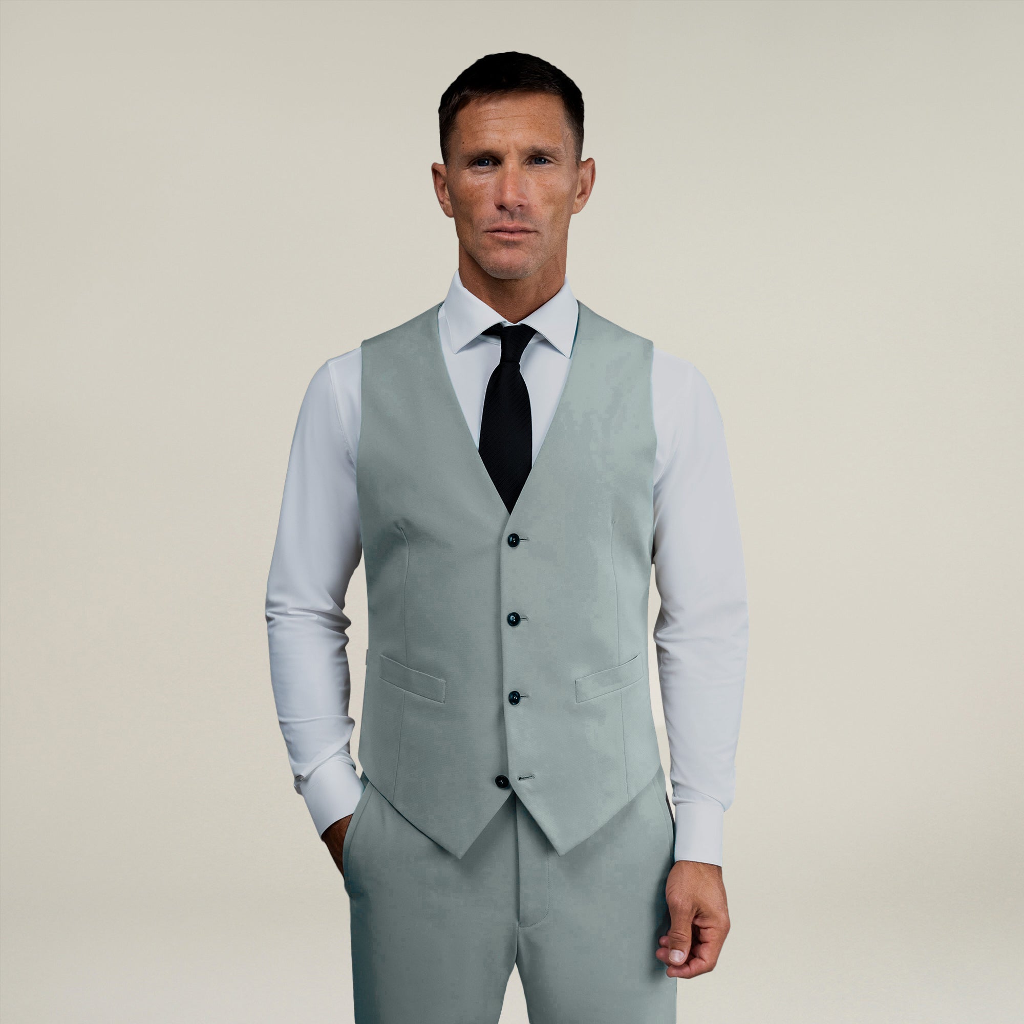 Tags:(6'0"|180 lbs) Bespoke custom athleisure technical men's suit los angeles model Tyler in Wind