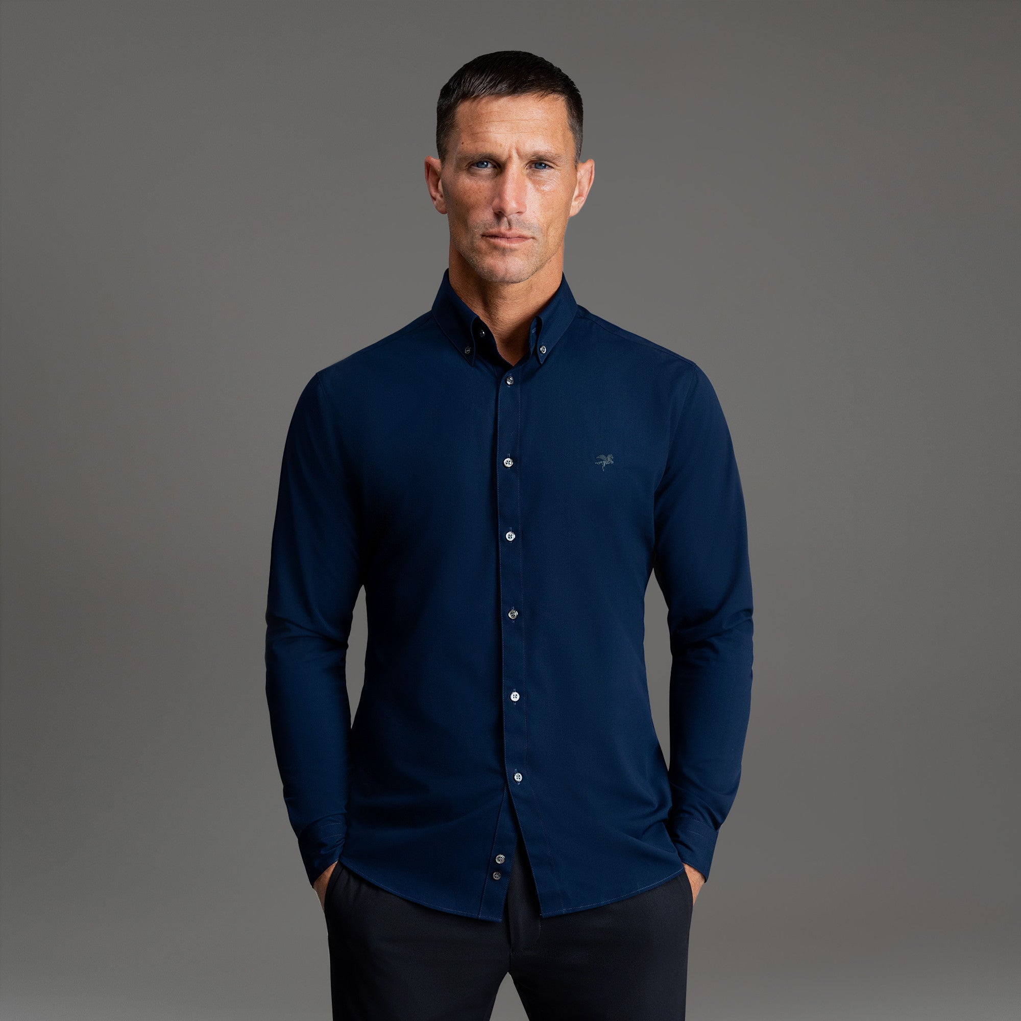 Custom Bespoke Tailored Mercer Shirt model Tyler in Navy Emblem