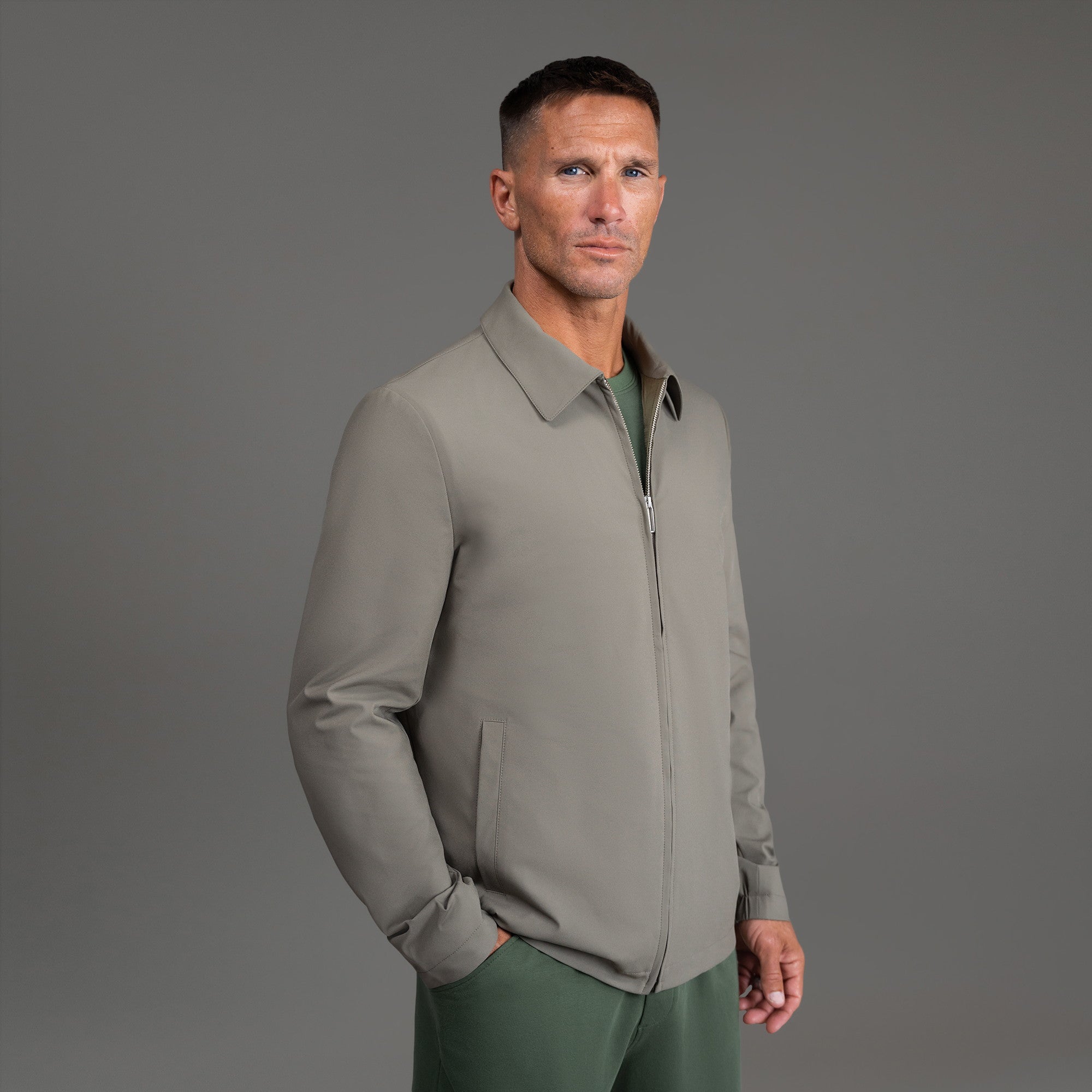 men's custom zip up jacket model Tyler in Olive