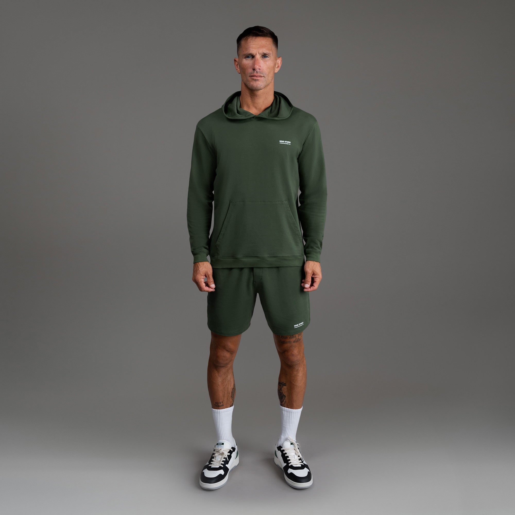 men's custom hoodie model Tyler in Moss