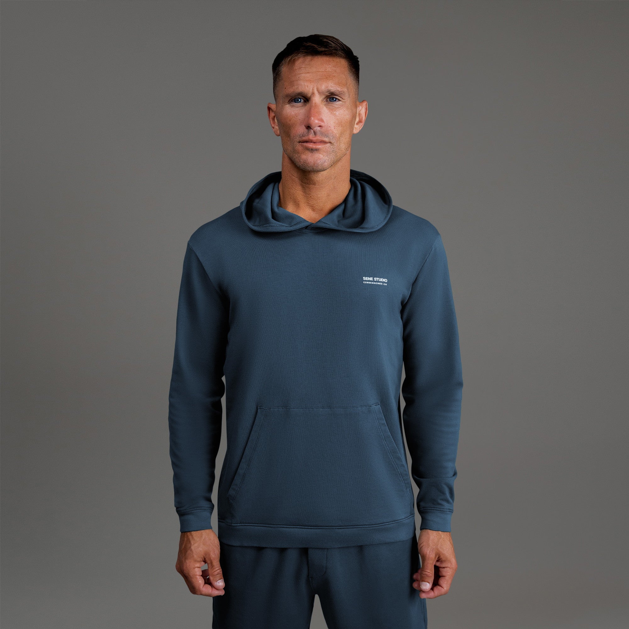men's custom hoodie model Tyler in Deep Sea
