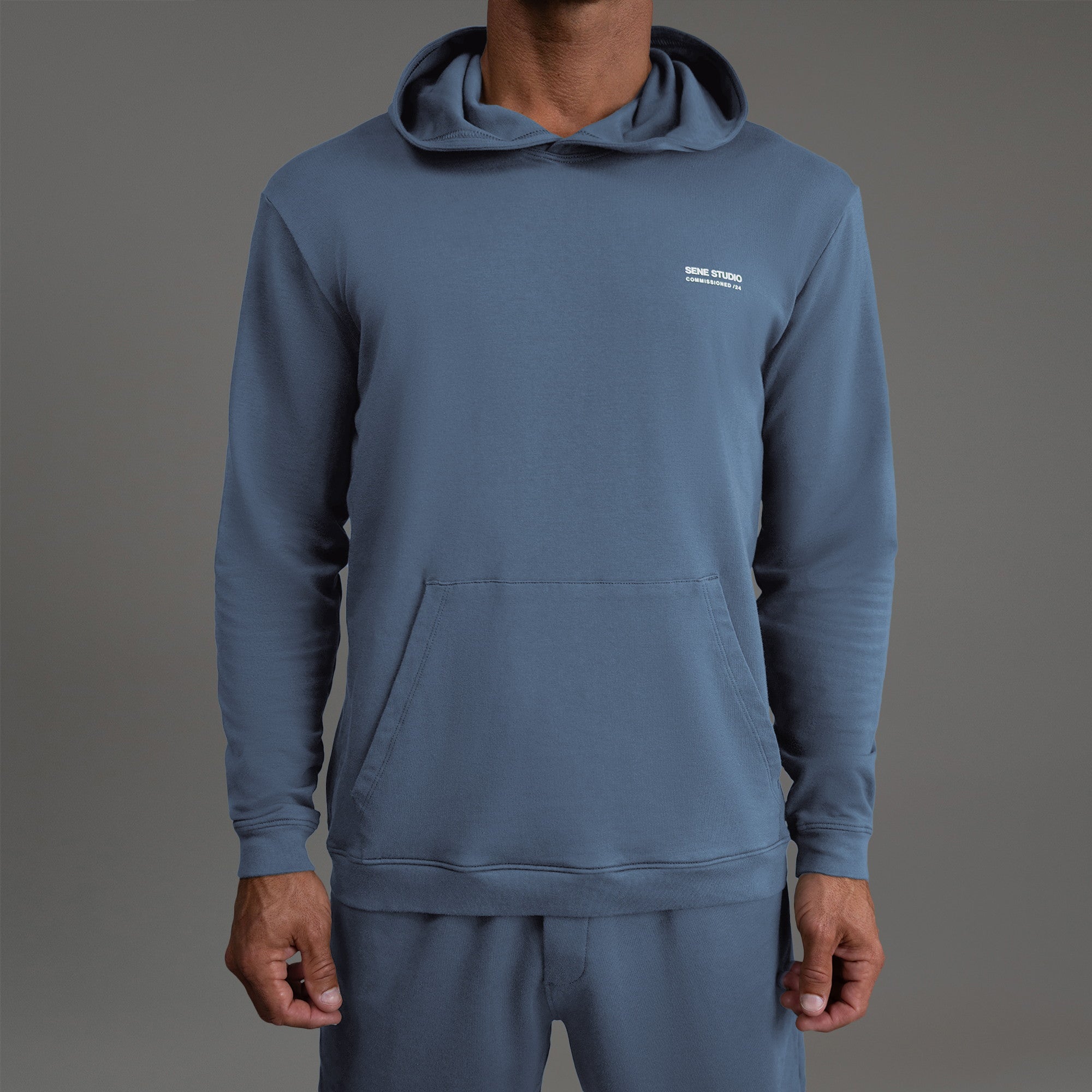 men's custom hoodie model Tyler in Infinity