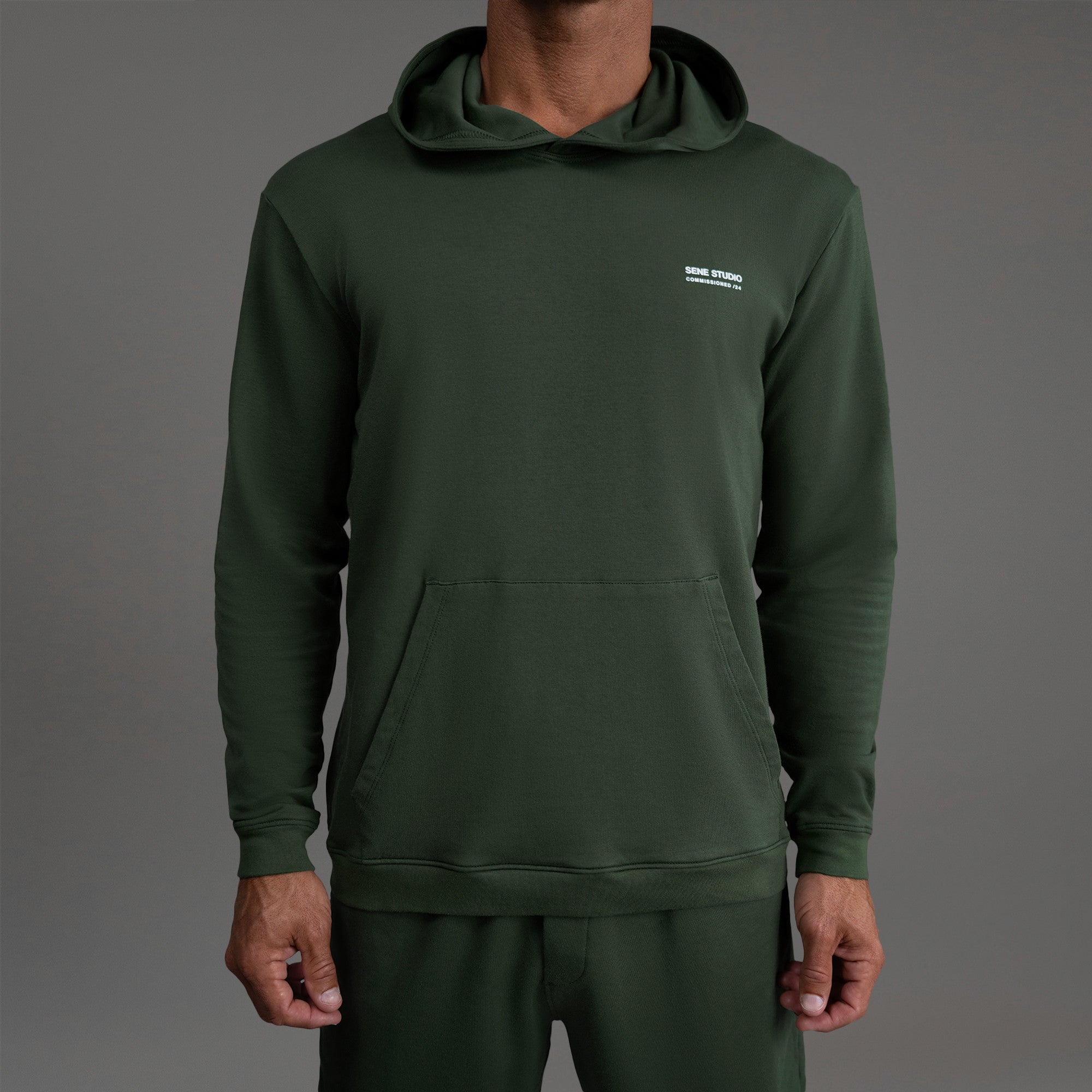 men's custom hoodie model Tyler in Moss