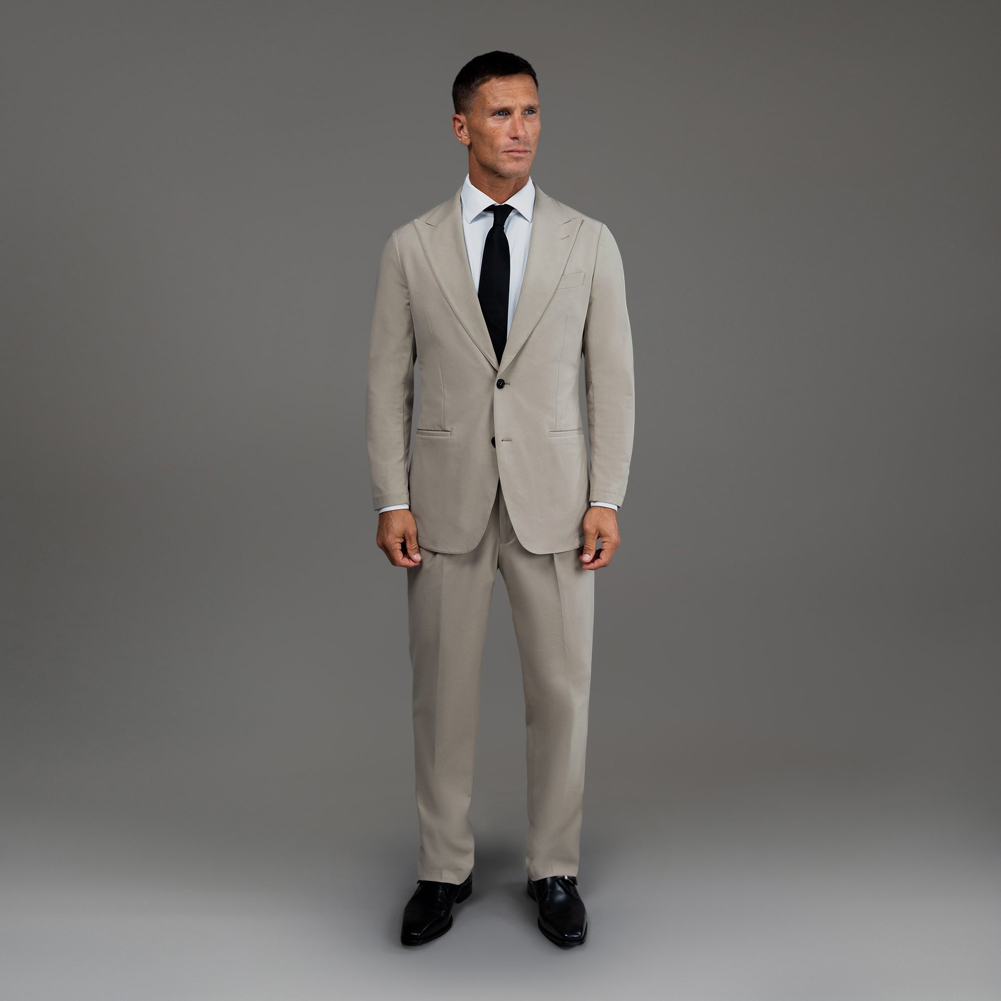 Custom Peak Lapel Tuxedo model Tyler in Fog