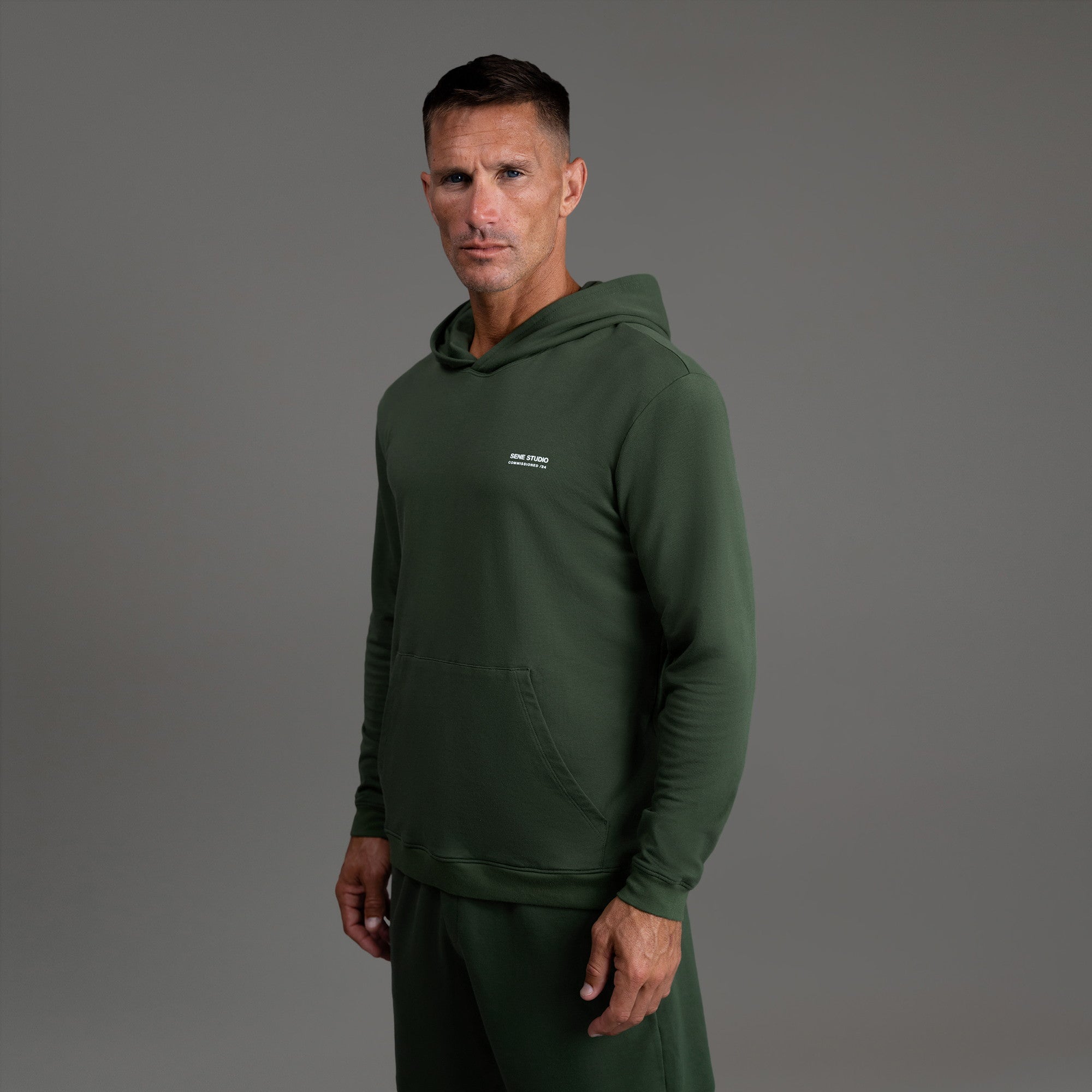 men's custom hoodie model Tyler in Moss