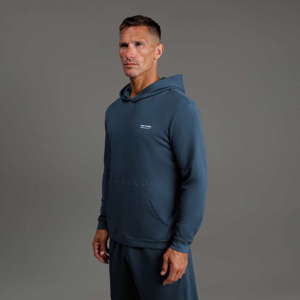 men's custom hoodie model Tyler in Deep Sea