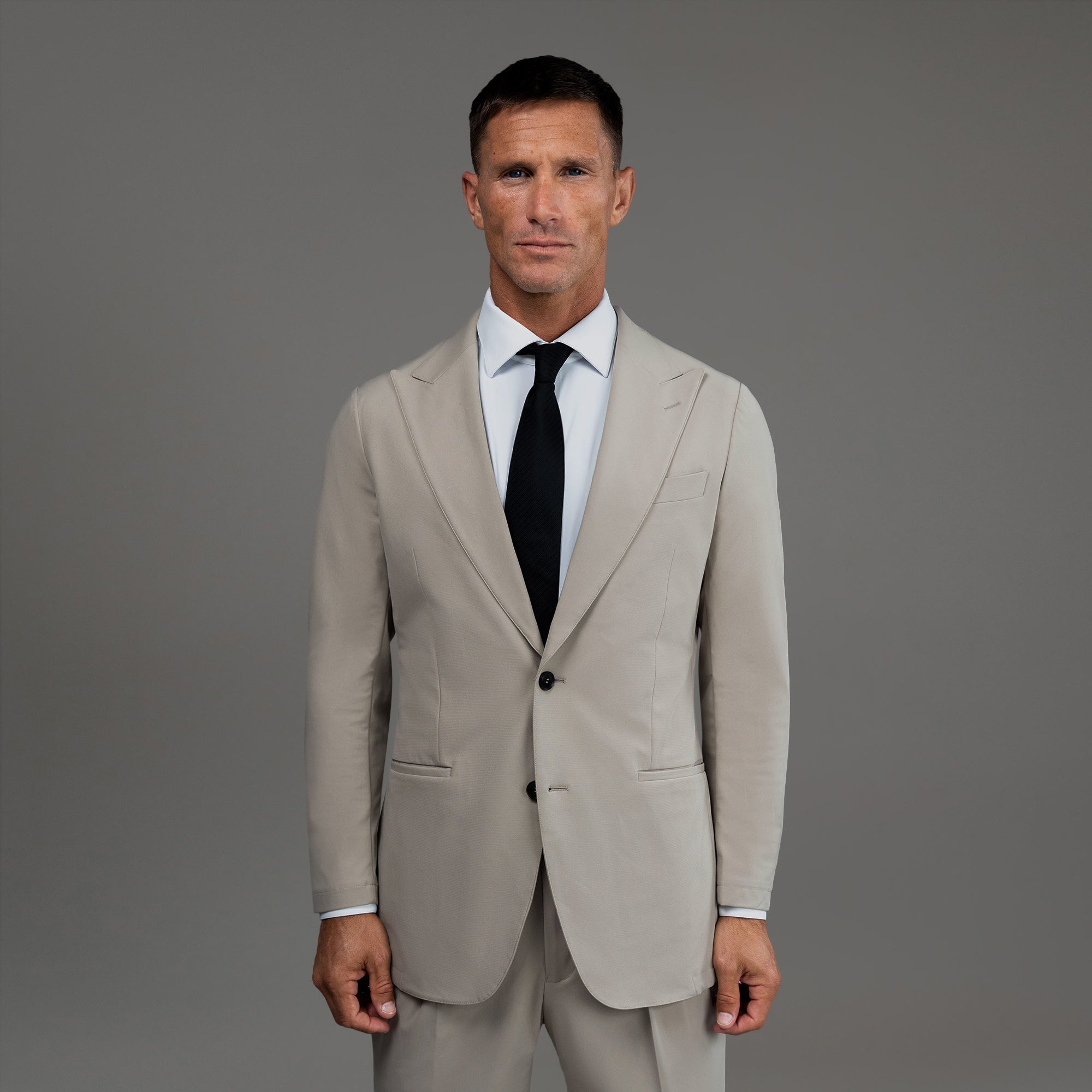 Custom Peak Lapel Tuxedo model Tyler in Fog