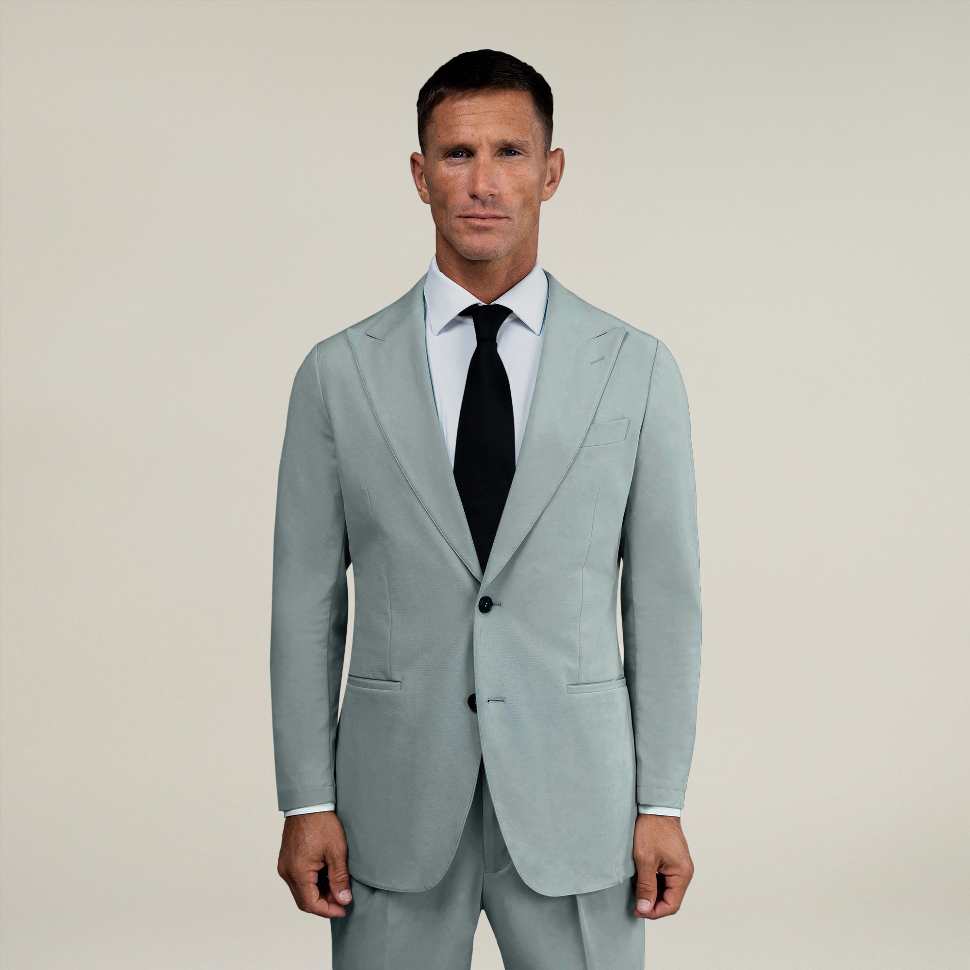 Tags:(6'0"|180 lbs) Bespoke custom athleisure technical men's suit los angeles model Tyler in Wind