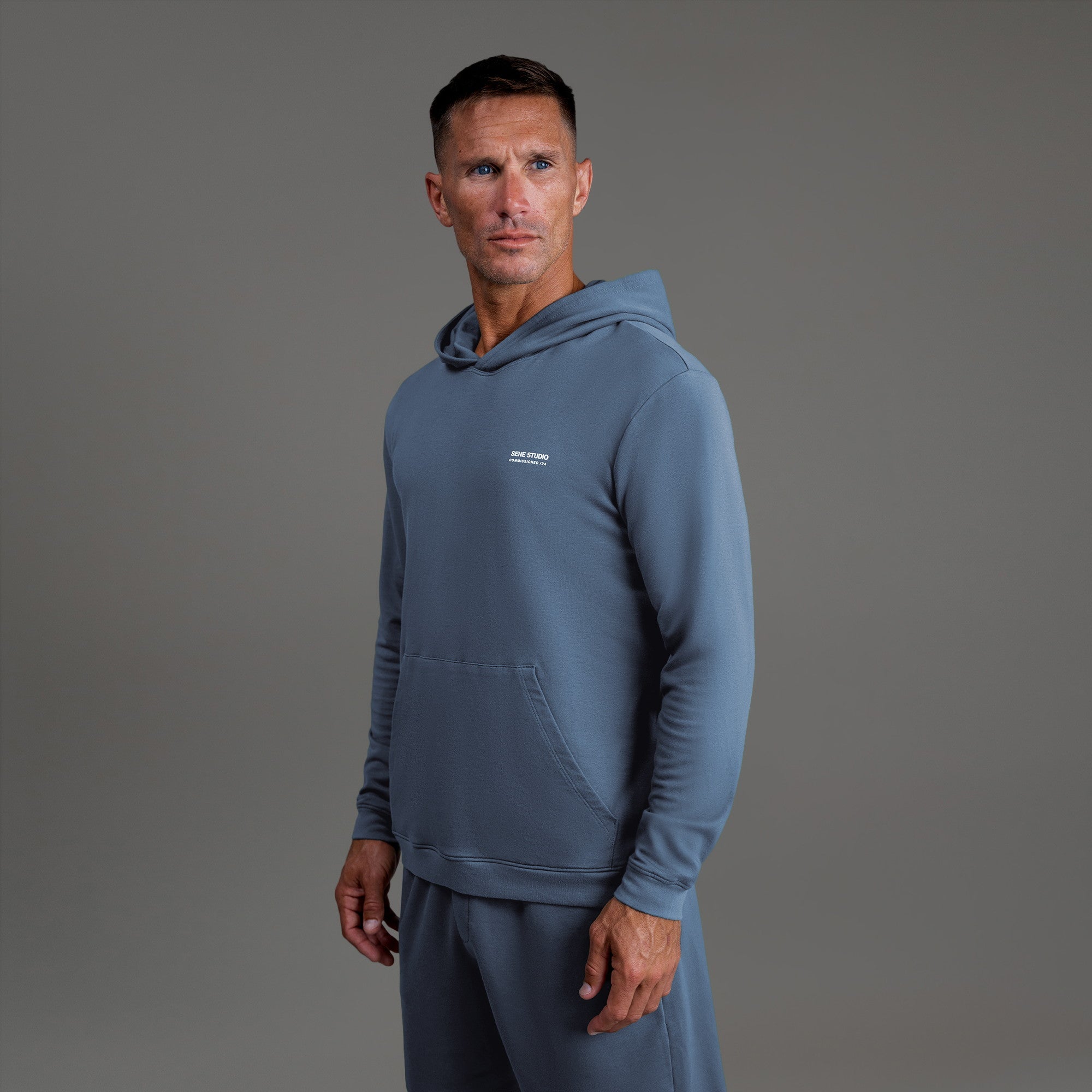 men's custom hoodie model Tyler in Infinity