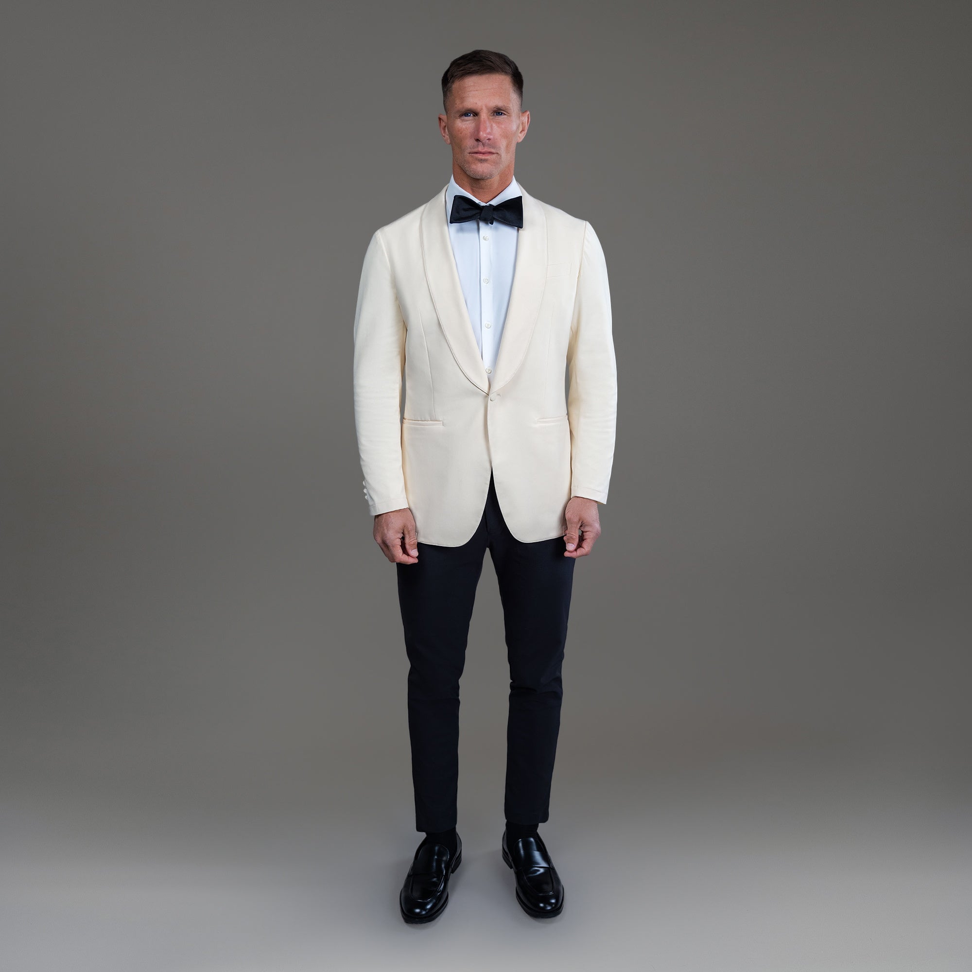 Custom Shawl Collar Tuxedo model Tyler in Cream