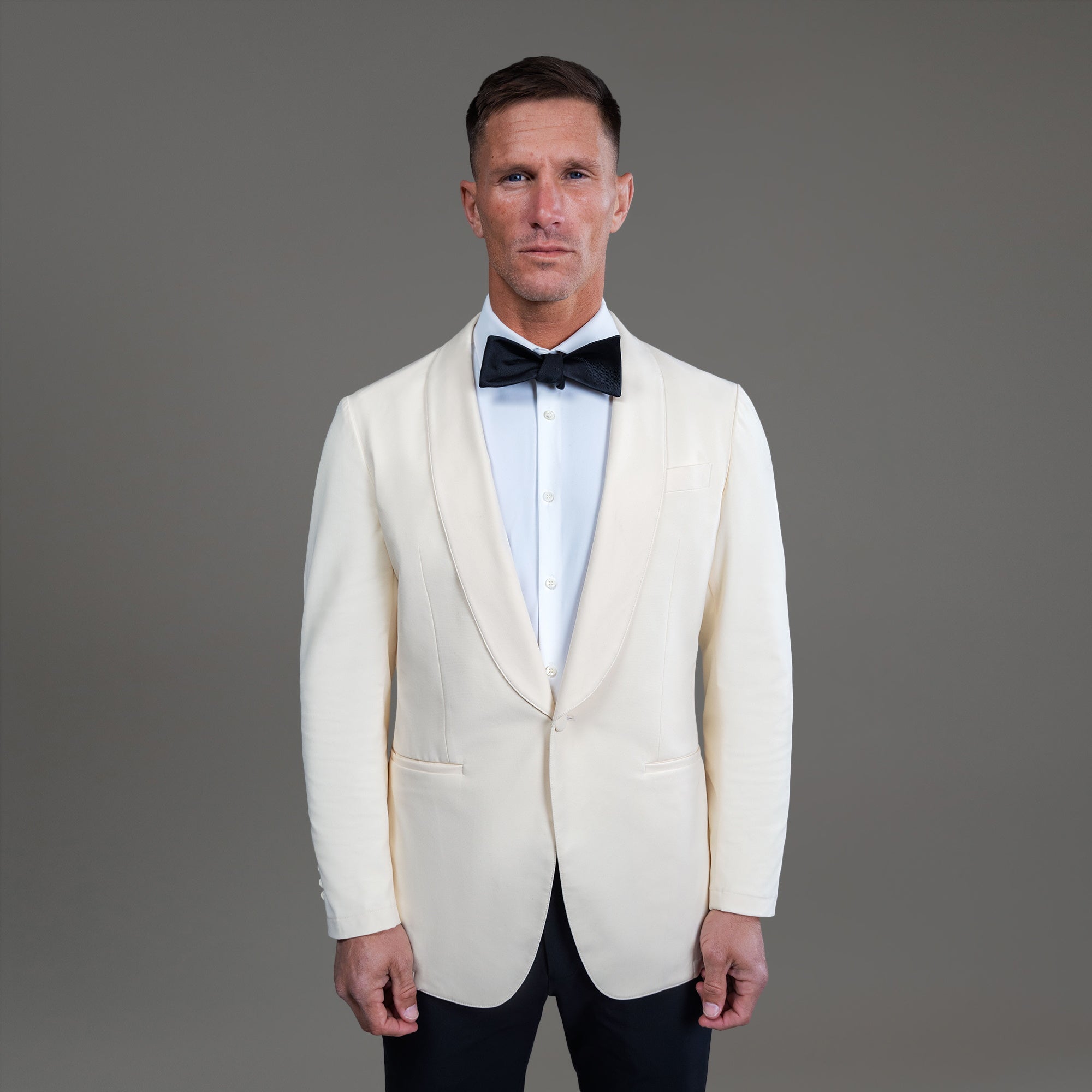 Custom Shawl Collar Tuxedo model Tyler in Cream