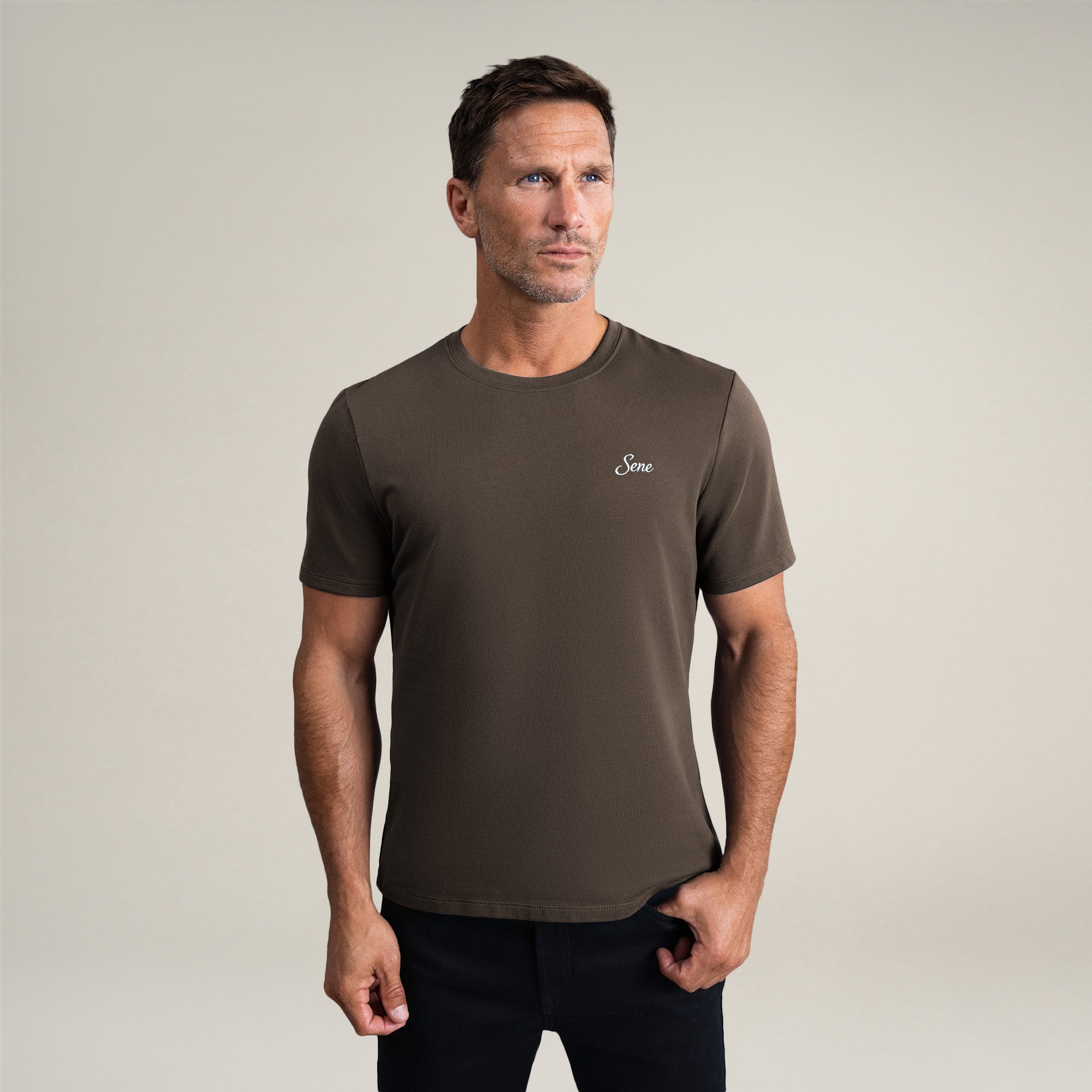 Tags:(6'0" - 180 lbs|Medium) custom t-shirt tee model Tyler in Umber