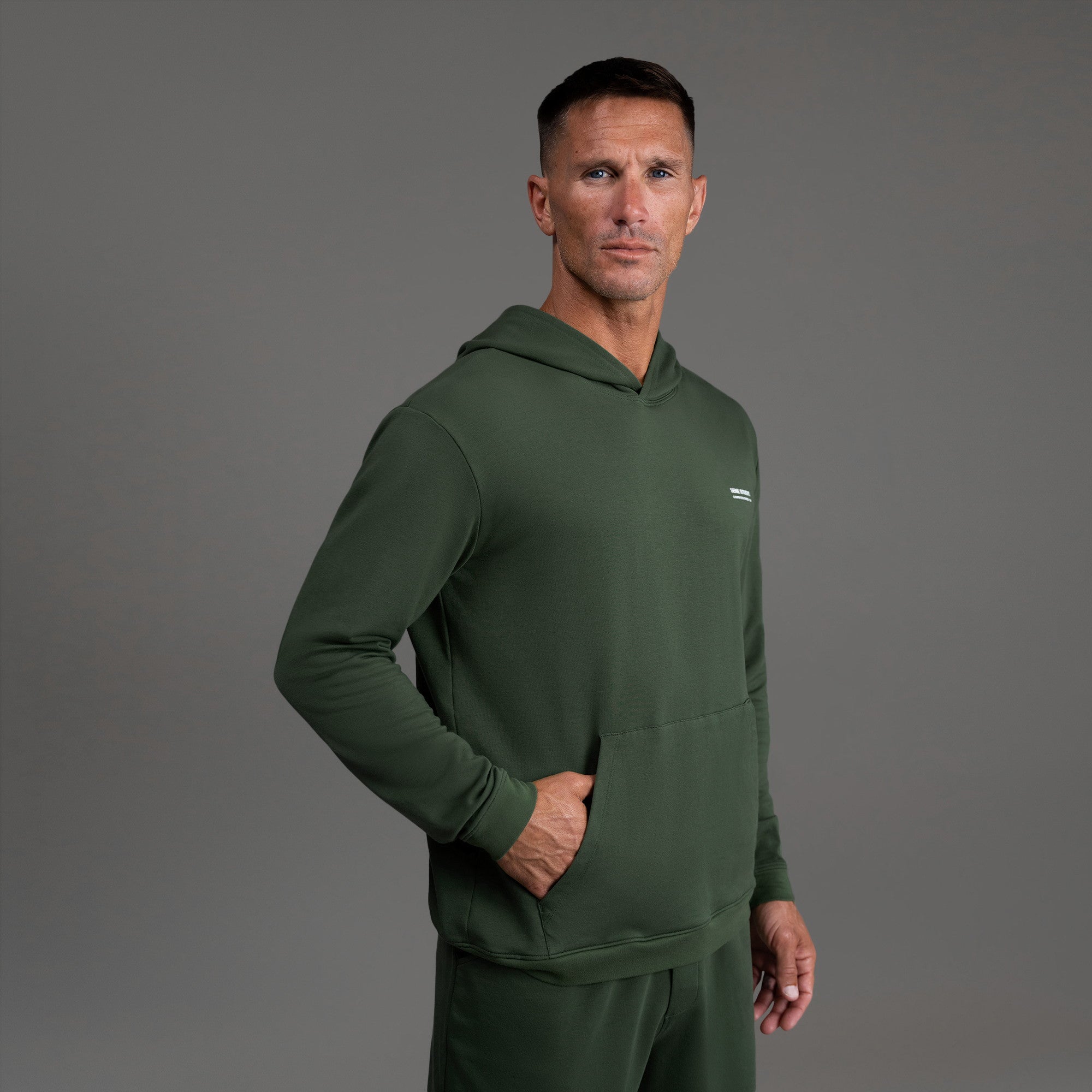 men's custom hoodie model Tyler in Moss