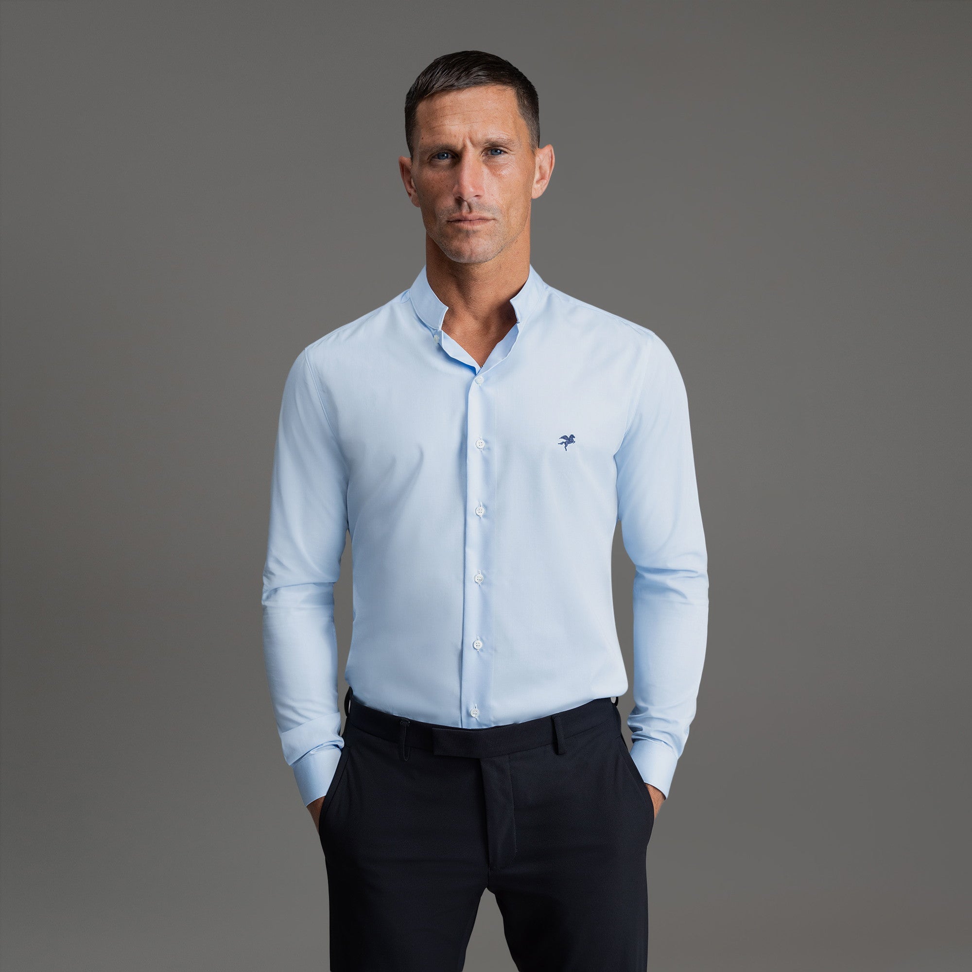 Custom Bespoke Tailored Dorsey Shirt model Tyler in Light Blue Emblem