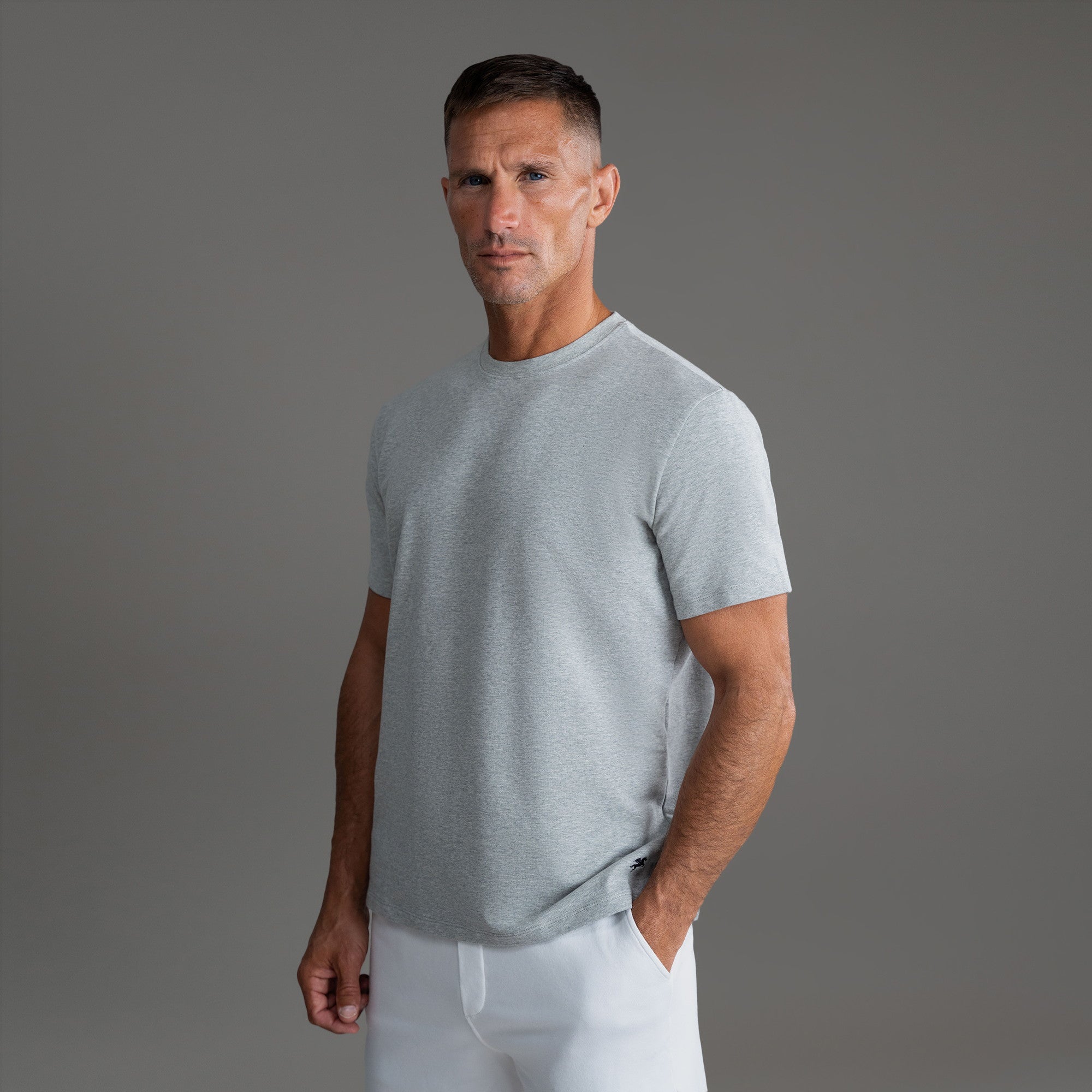 Tags:(6'0"|180 lbs) custom t-shirt tee model Tyler in Heather Gray