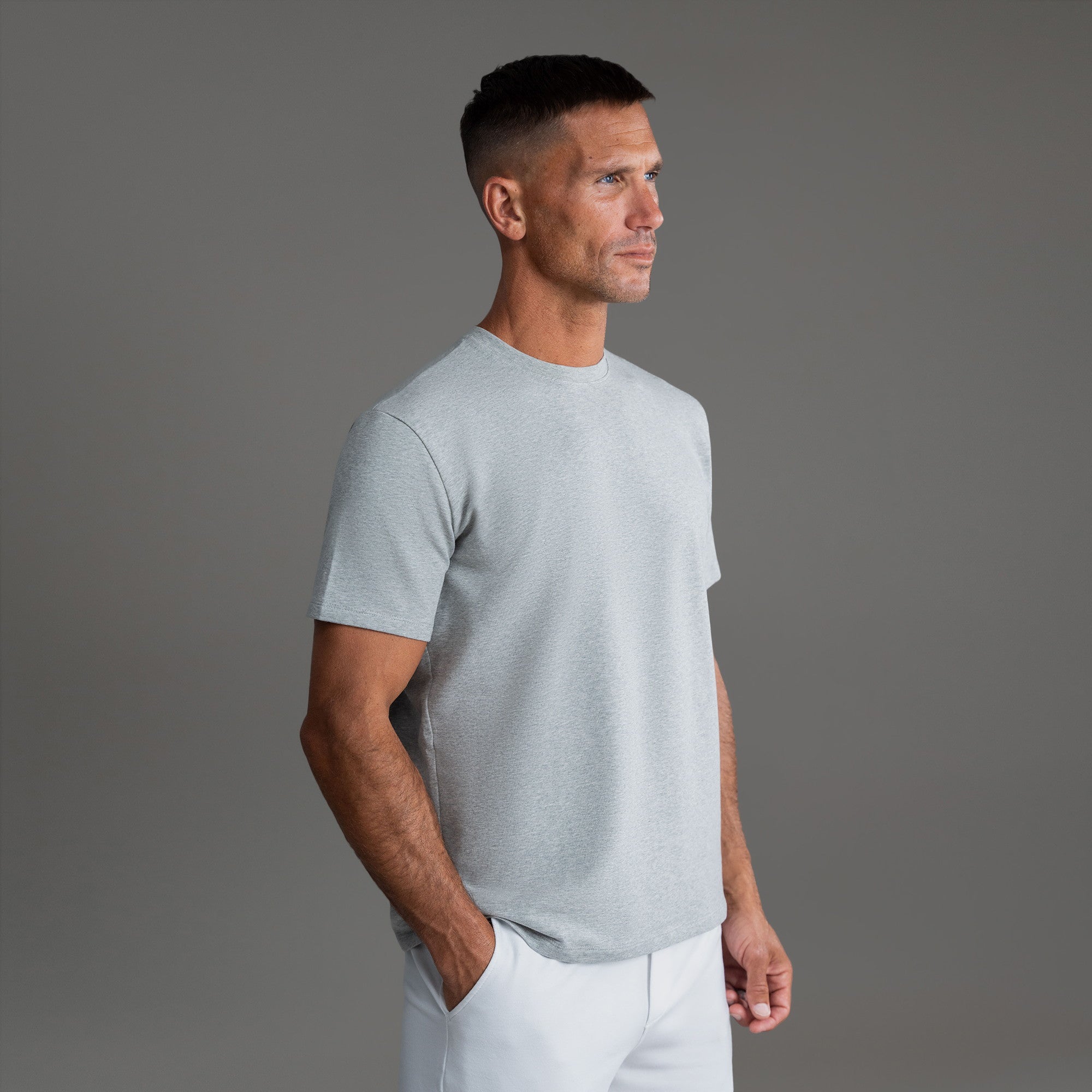 Tags:(6'0"|180 lbs) custom t-shirt tee model Tyler in Heather Gray