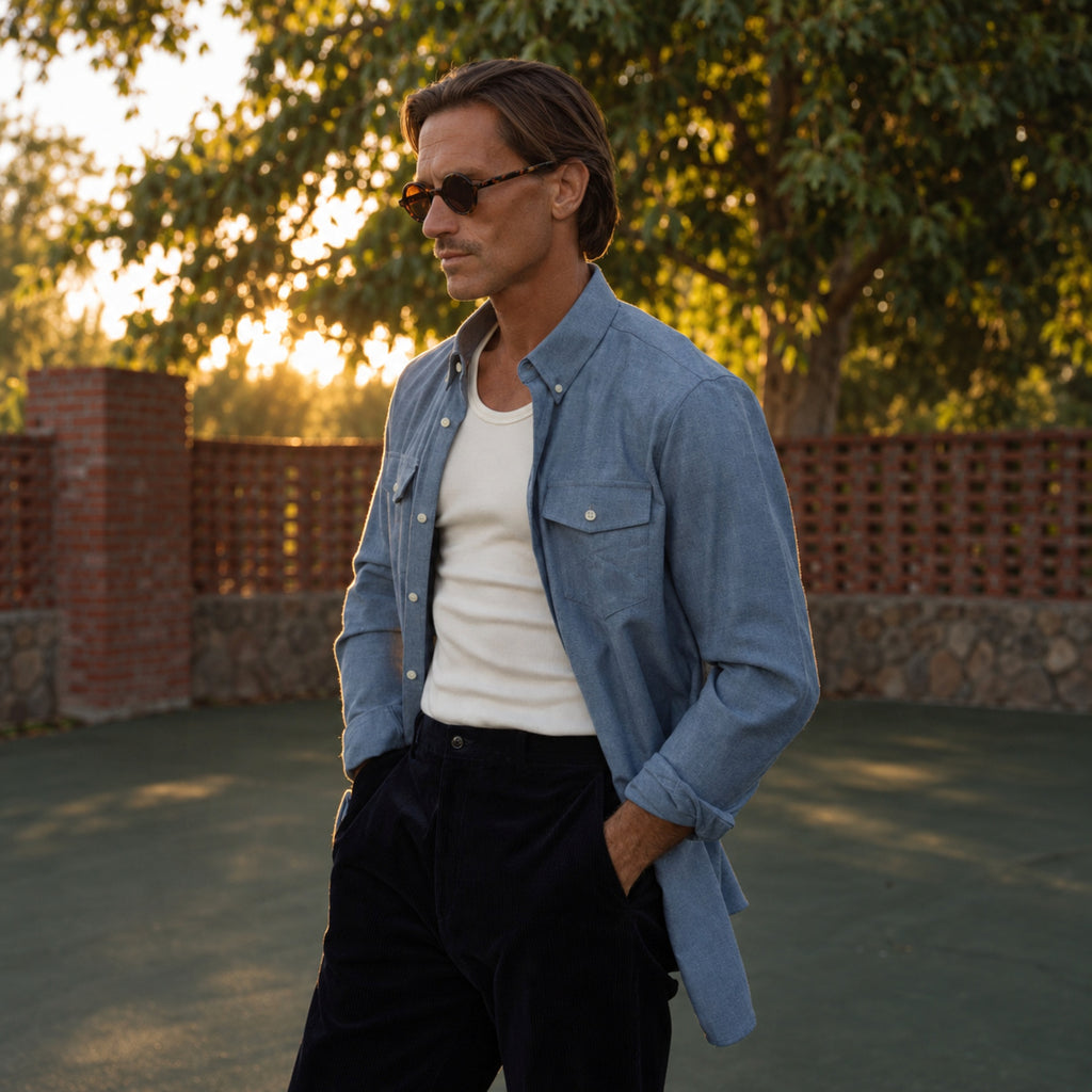 Estate Western Shirt model Tyler in Sierra Blue