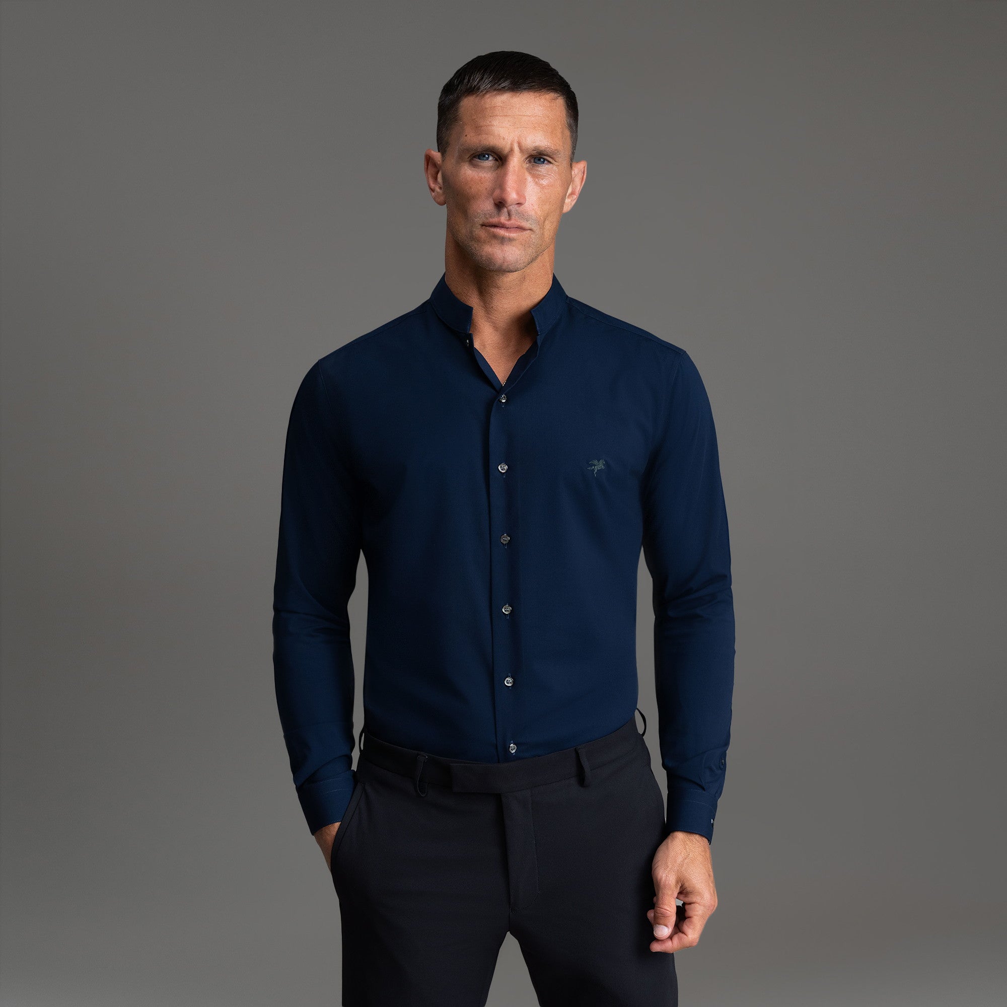 Custom Bespoke Tailored Dorsey Shirt model Tyler in Navy Emblem