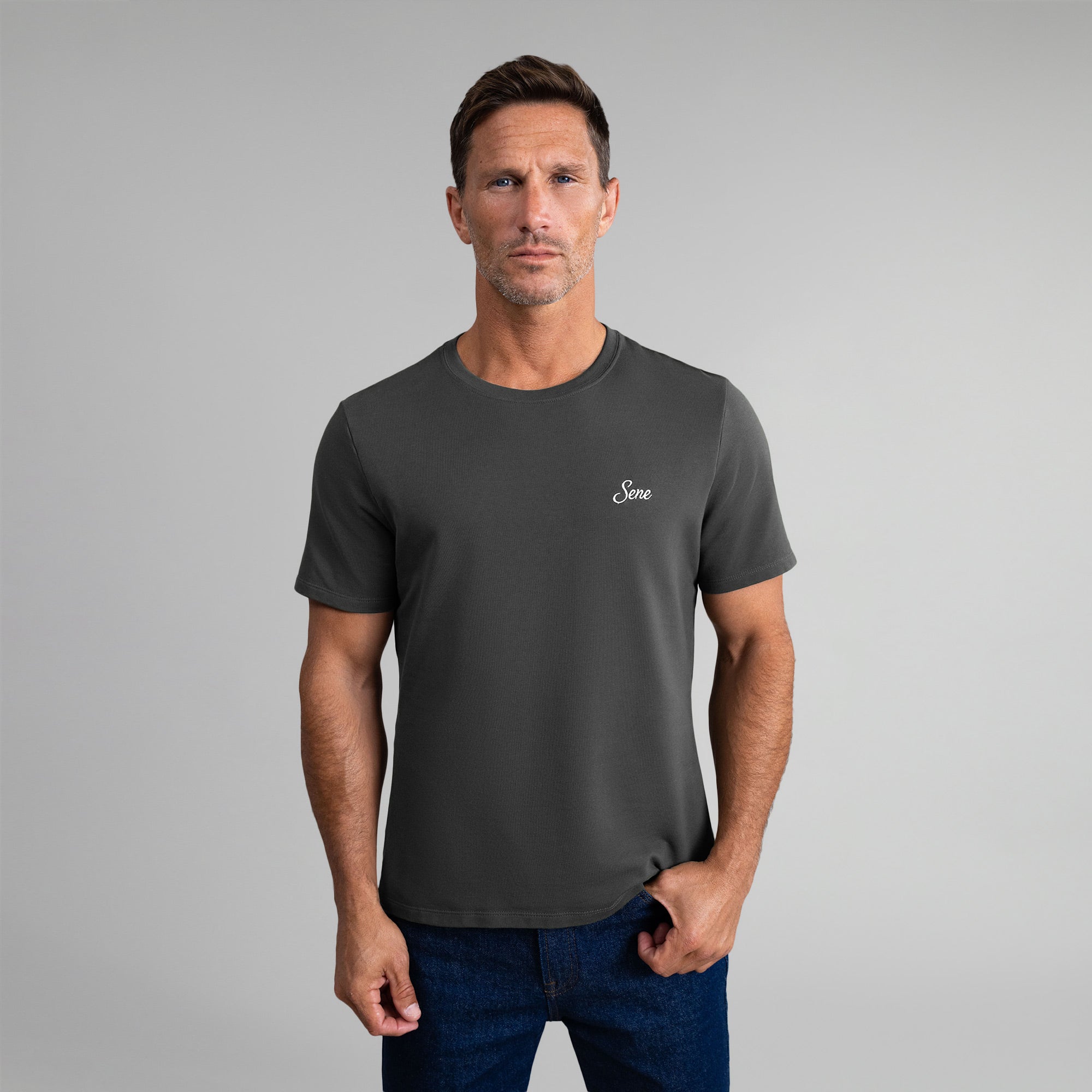 Tags:(6'0" - 180 lbs|Medium) custom t-shirt tee model Tyler in Smoke