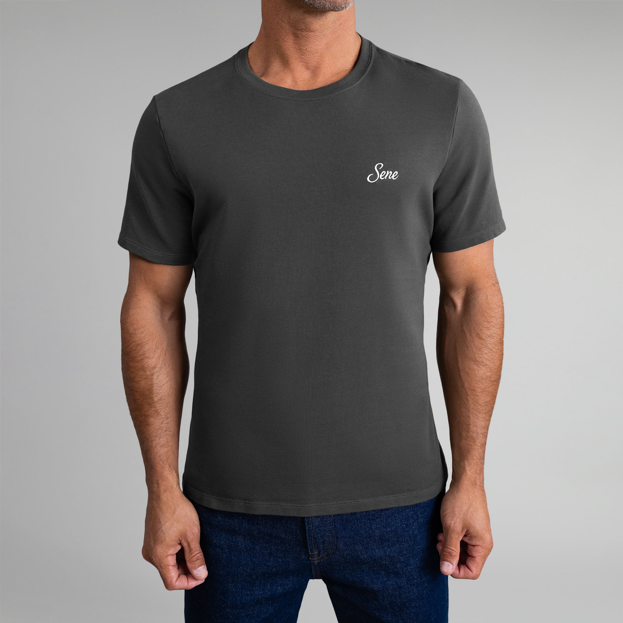 Tags:(6'0" - 180 lbs|Medium) custom t-shirt tee model Tyler in Smoke