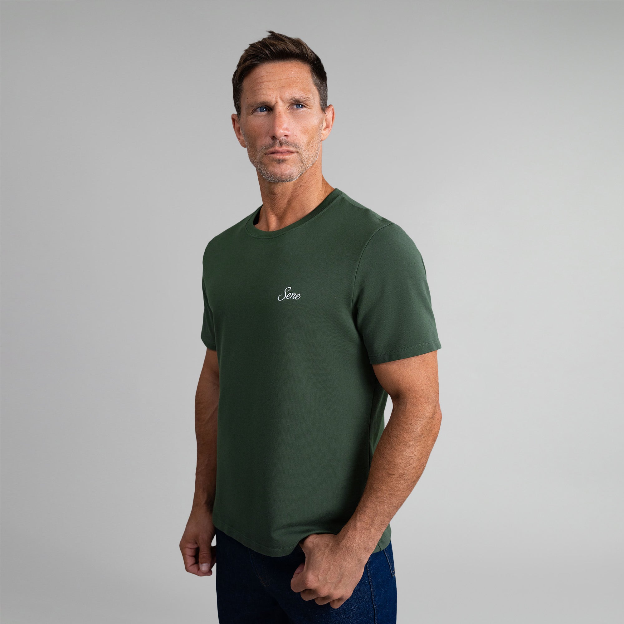 Tags:(6'0" - 180 lbs|Medium) custom t-shirt tee model Tyler in Moss