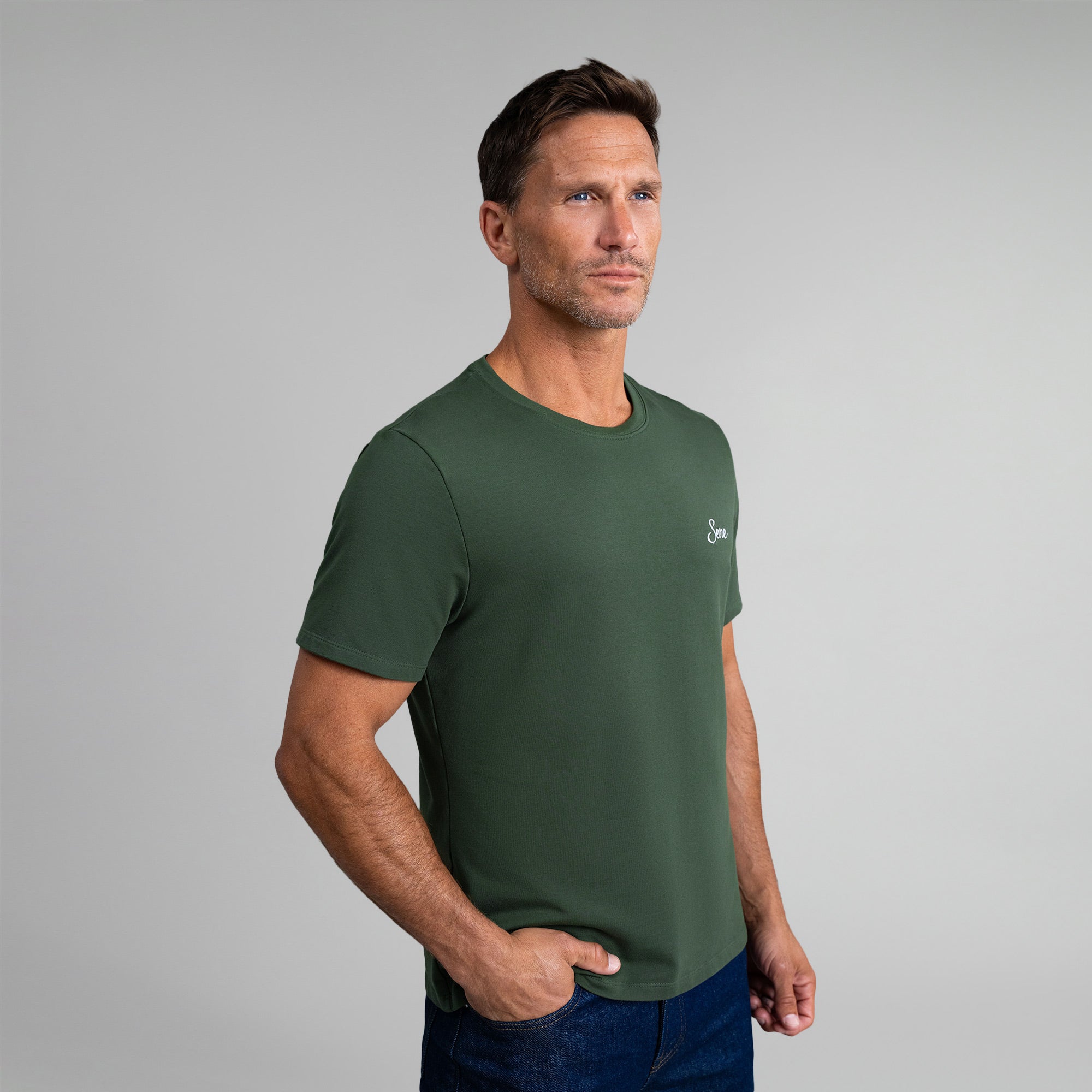 Tags:(6'0" - 180 lbs|Medium) custom t-shirt tee model Tyler in Moss