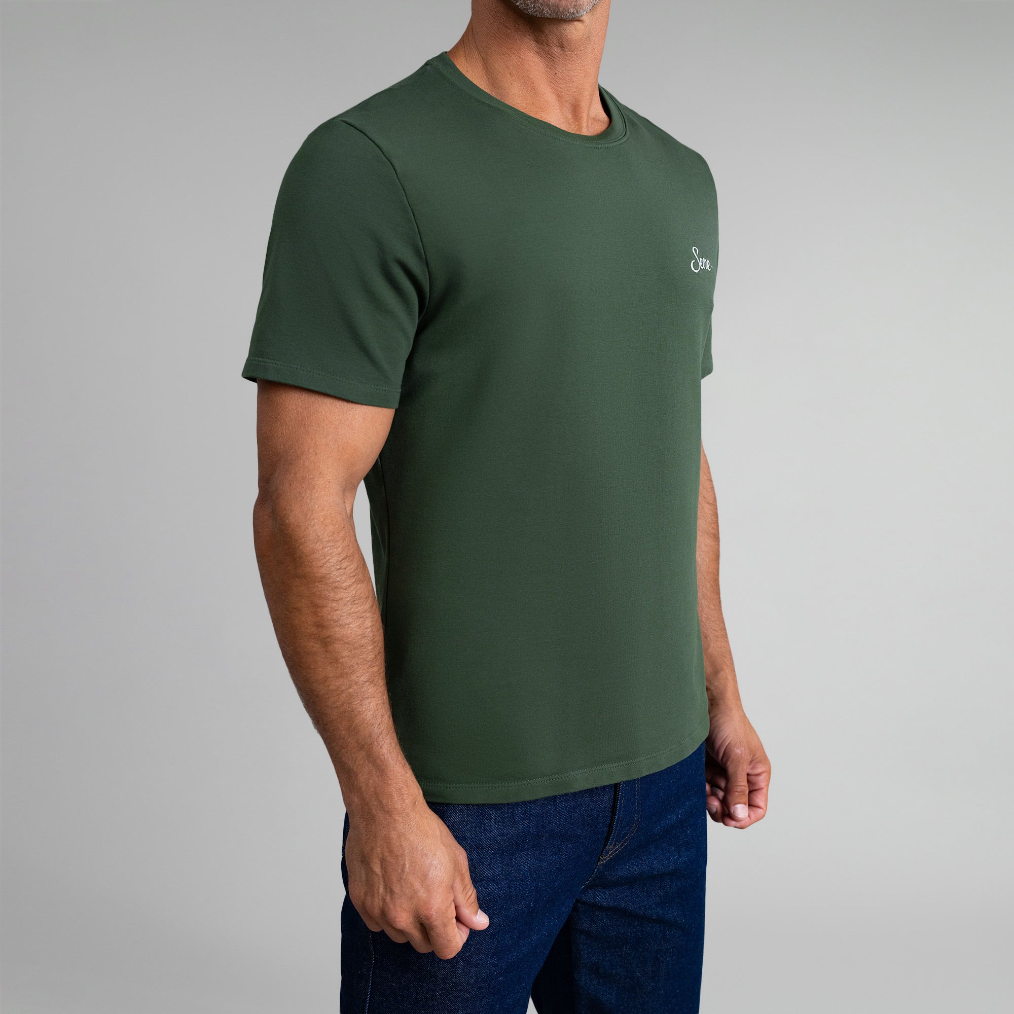 Tags:(6'0" - 180 lbs|Medium) custom t-shirt tee model Tyler in Moss
