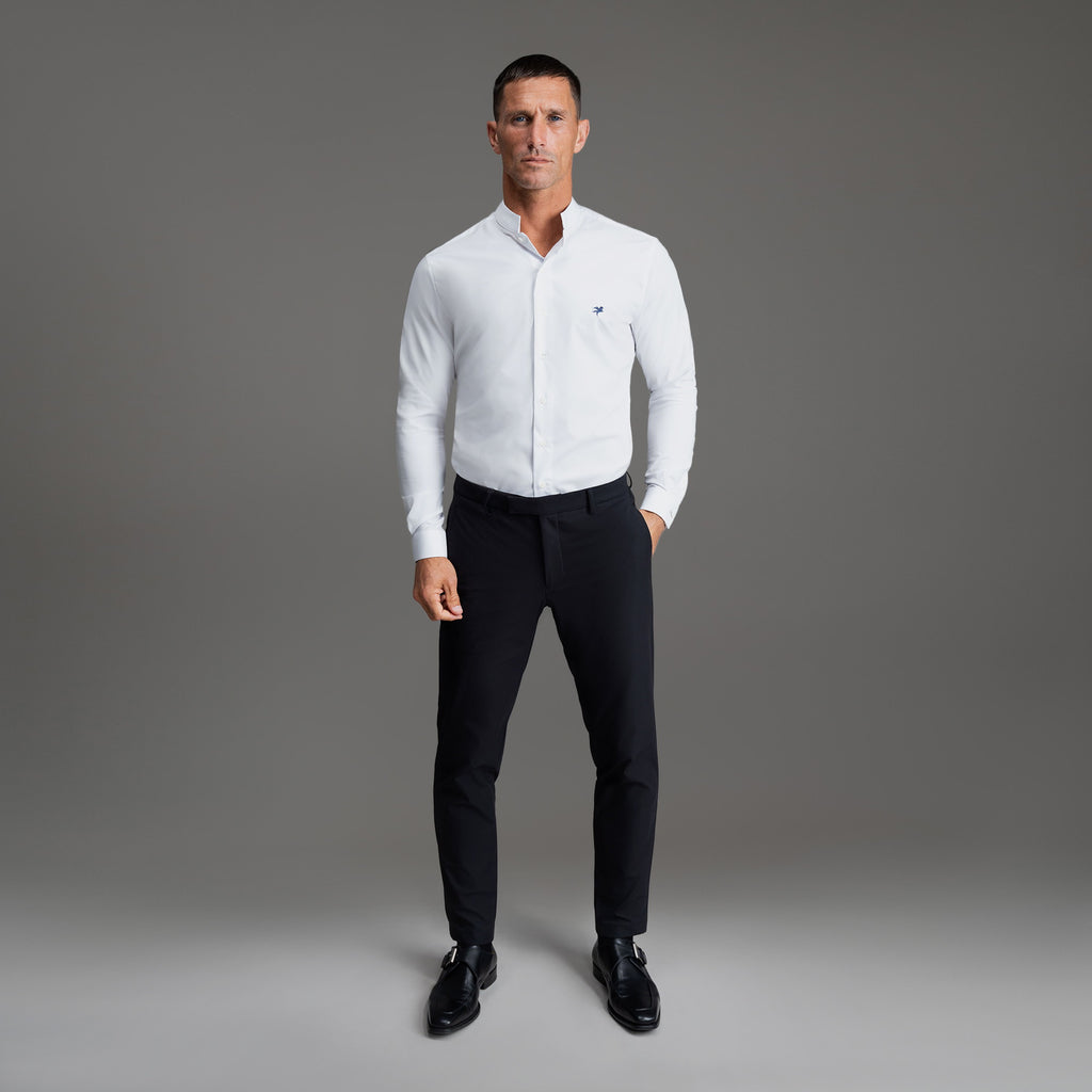 Custom Bespoke Tailored Dorsey Shirt model Tyler in White Emblem